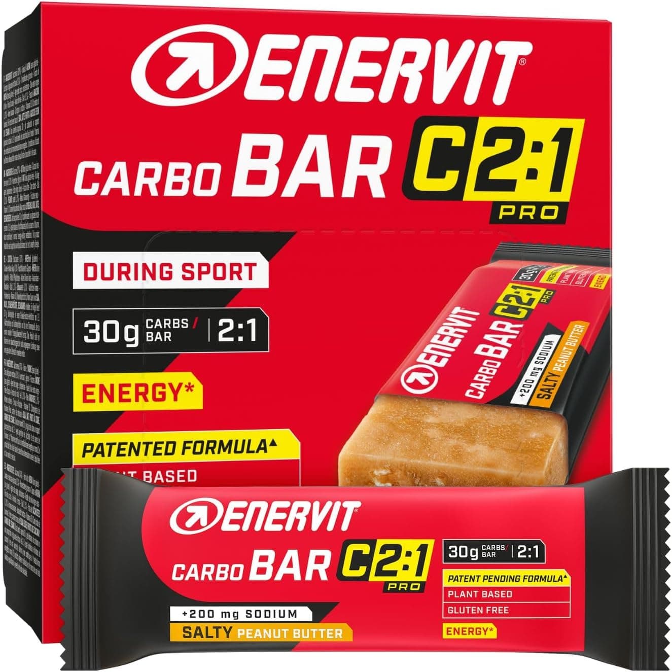 Enervit Carbo Bar C2:1PRO Salty Peanut Butter, Barritas Energéticas, 30g de Carbohidratos, Sabor Mantequilla de Maní, para Resistencia, +50% de Carbohidratos Absorbidos, Sin Gluten, 12 Barritas de 45g