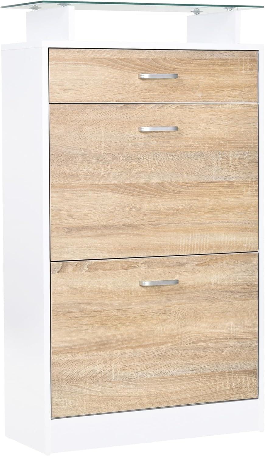 HOMCOM Mueble Zapatero Armario Zapatero con 3 Cajones Estante de Vidrio y Asa de Aluminio para Pasillo Entrada Carga 50 kg 60x24x105,5 cm Natural