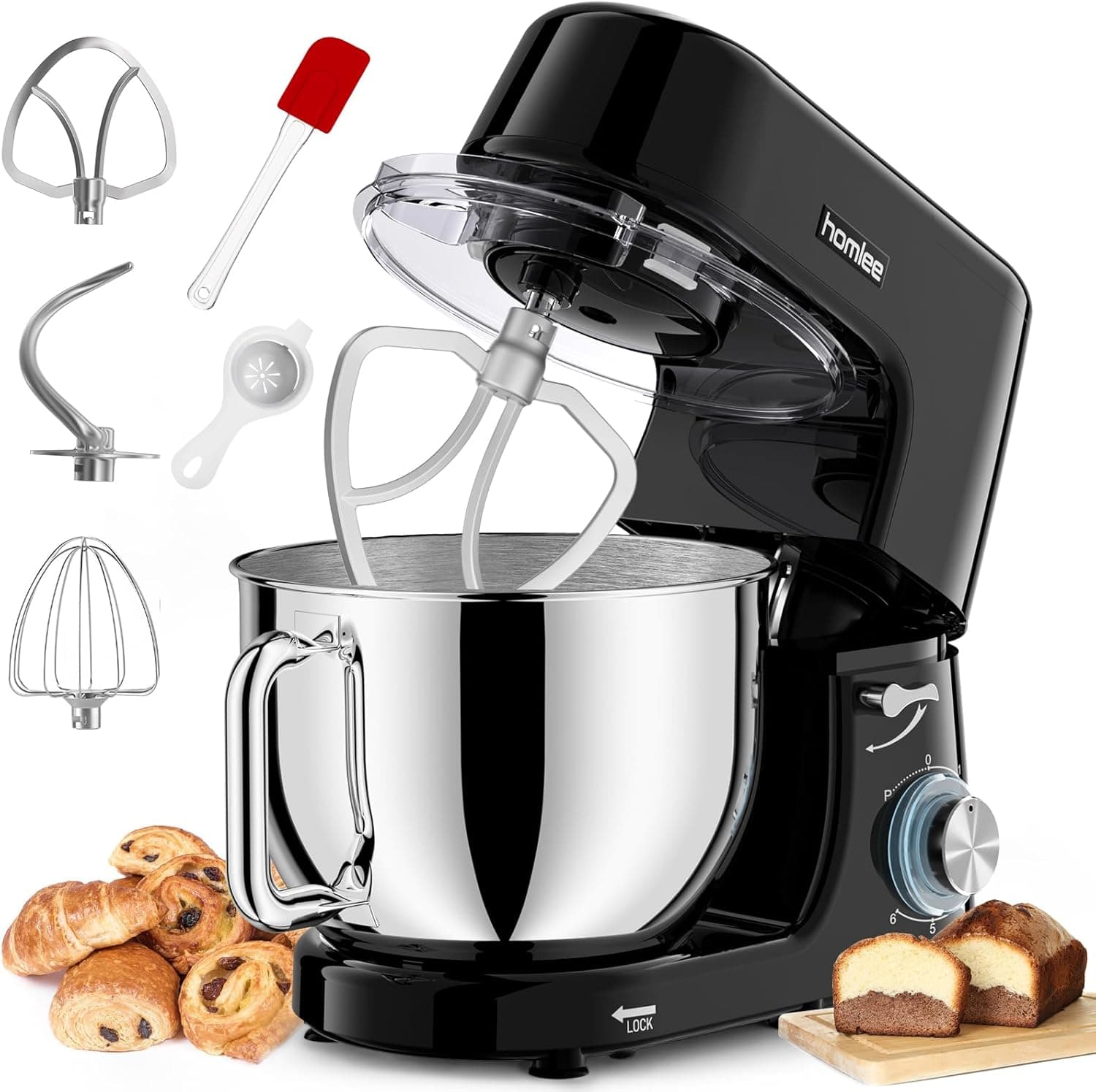 Batidora Amasadora Homlee,2000W Amasadora de Pan, 7.2L Robot de Cocina Batidora Multifunción,Bajo Ruido Amasadora Reposteria Varillas y Protección Para Salpicaduras 6 Velocidades(Negro)