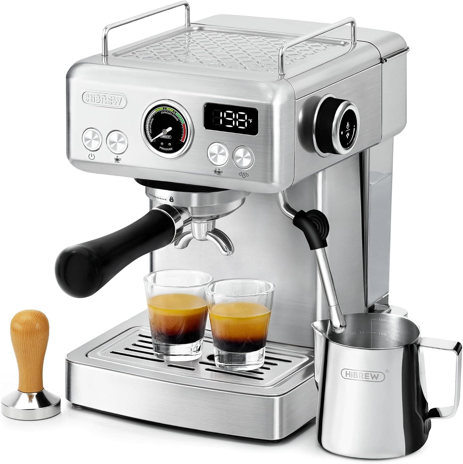 HIBREW H10A - Máquina espresso de 58 mm, cuerpo de acero inoxidable con espumador de leche, ajustes personalizables, pantalla inteligente + manómetro de 20 bares