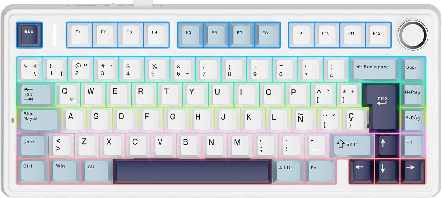 EPOMAKER Aula F75 ISO-ES Teclado Gaming Mecánico de 3 Modos, Azul Blanco
