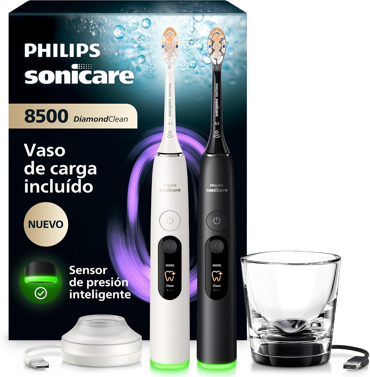 Philips Sonicare Next-Generation DiamondClean 8500 Cepillo de dientes eléctrico - con Smart Pressure Feedback y 18 ajustes, blanco talco y negro, pack doble, HX8596/21