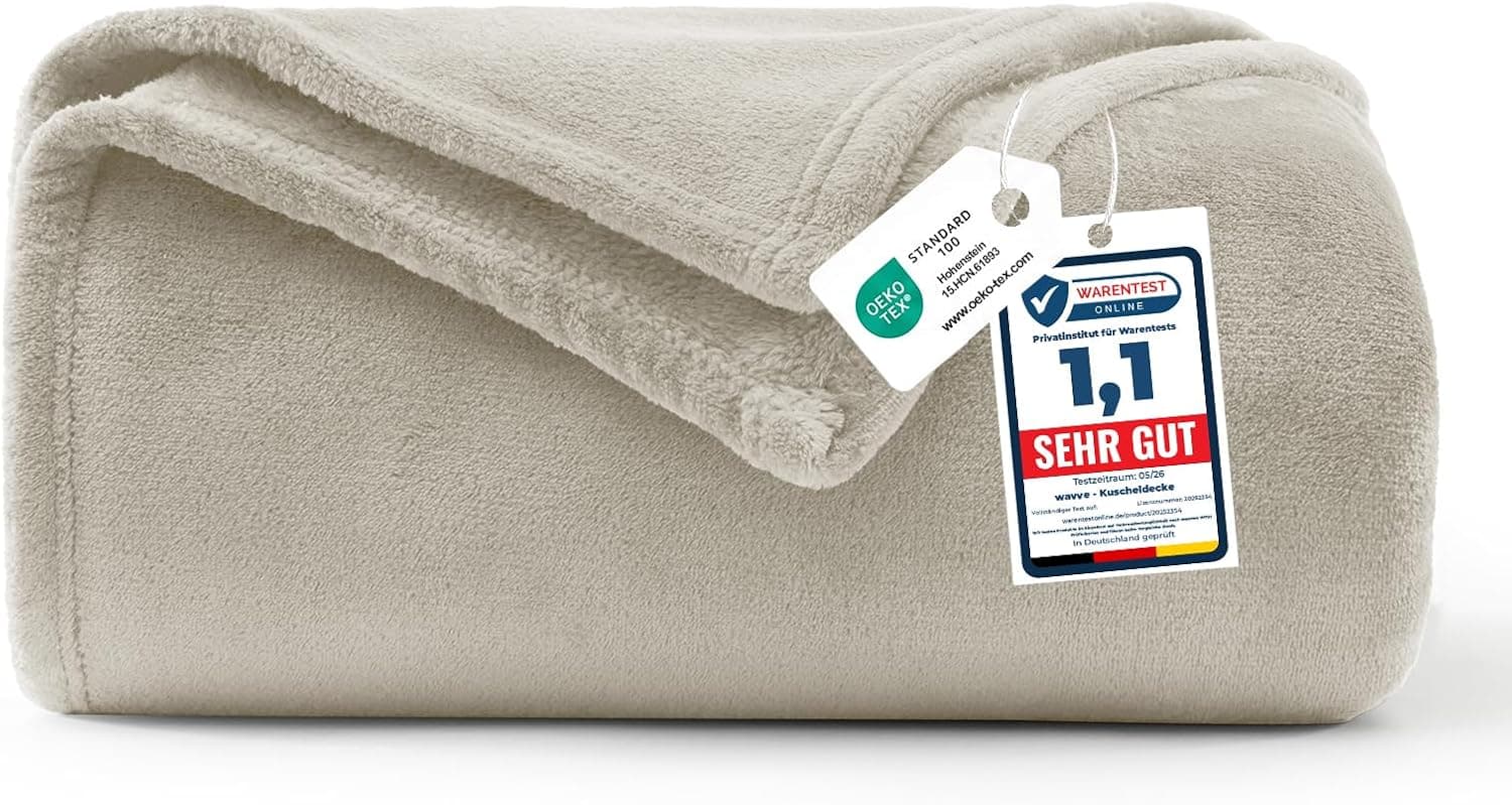 WAVVE Manta 130 x 150 cm Beige, Manta Polar de Franela de Microfibra, Suave y Cálida para Sofá y Cama, Manta para 1 Persona