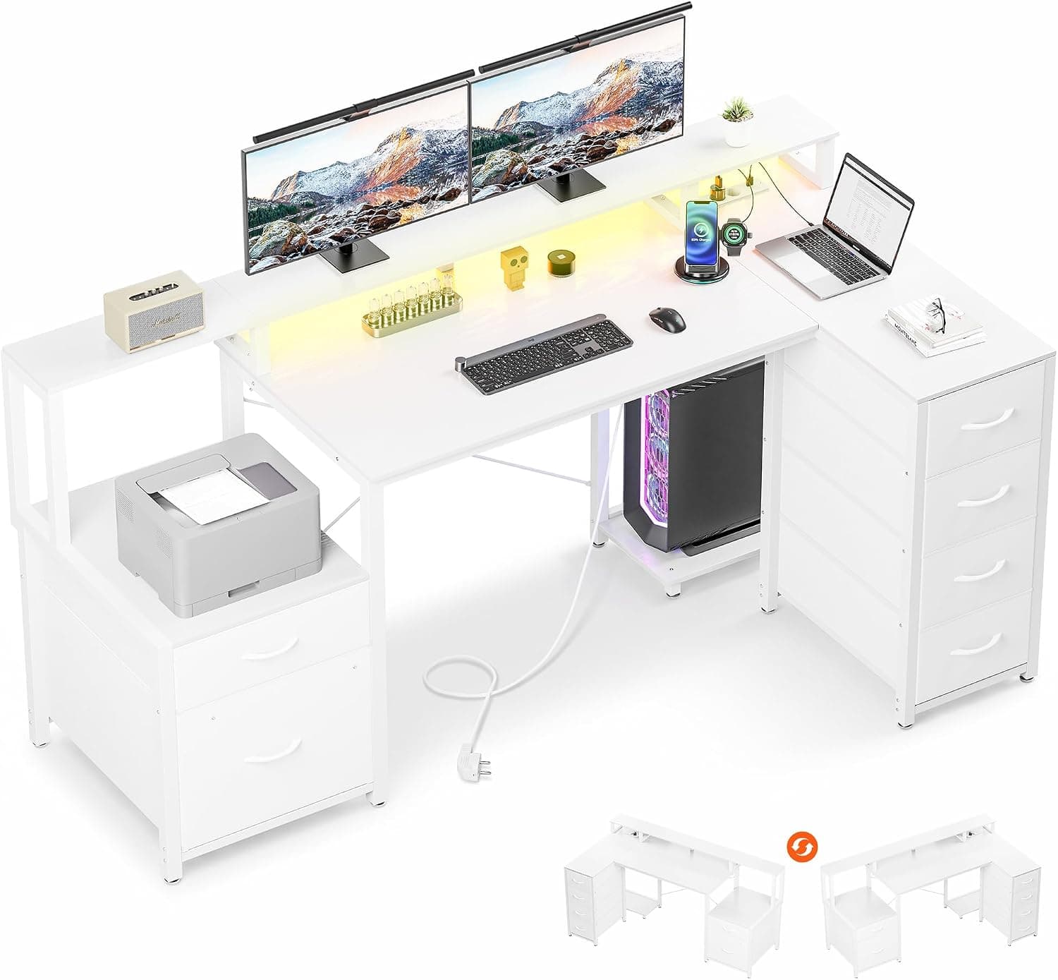YOUDENOVA Escritorio en forma de L con cajones, 150x80 cm, escritorio de esquina con LED, enchufe y USB, mesa gaming reversible con soporte para monitor, espacio de almacenamiento, mesa de ordenador