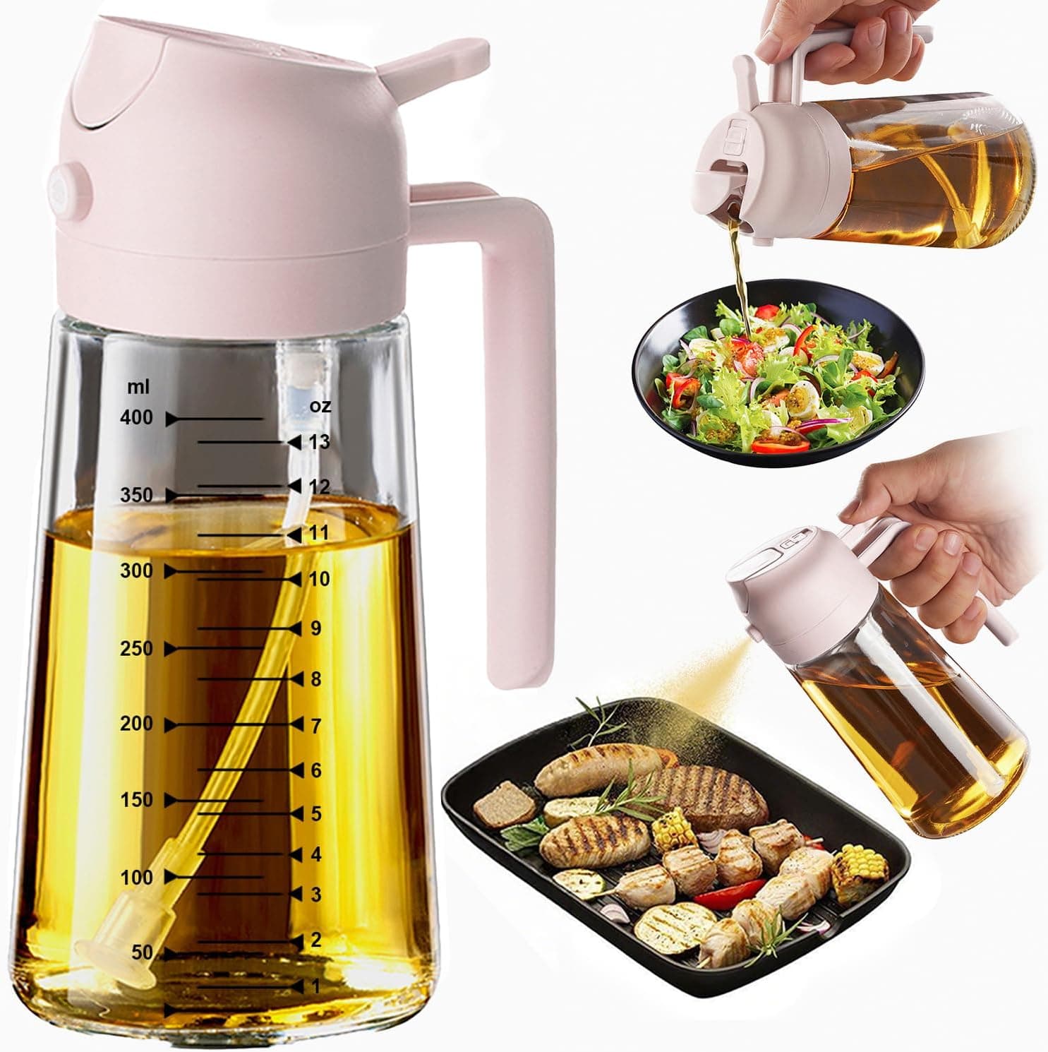 TrendPlain Pulverizador Aceite Spray 470ml - 2 en 1 Spray Aceite Cocina, Dispensadora para Freidora de Aire, Ensaladas, Vinagre y Accesorios Cocina (1 unidad, Melocotón)