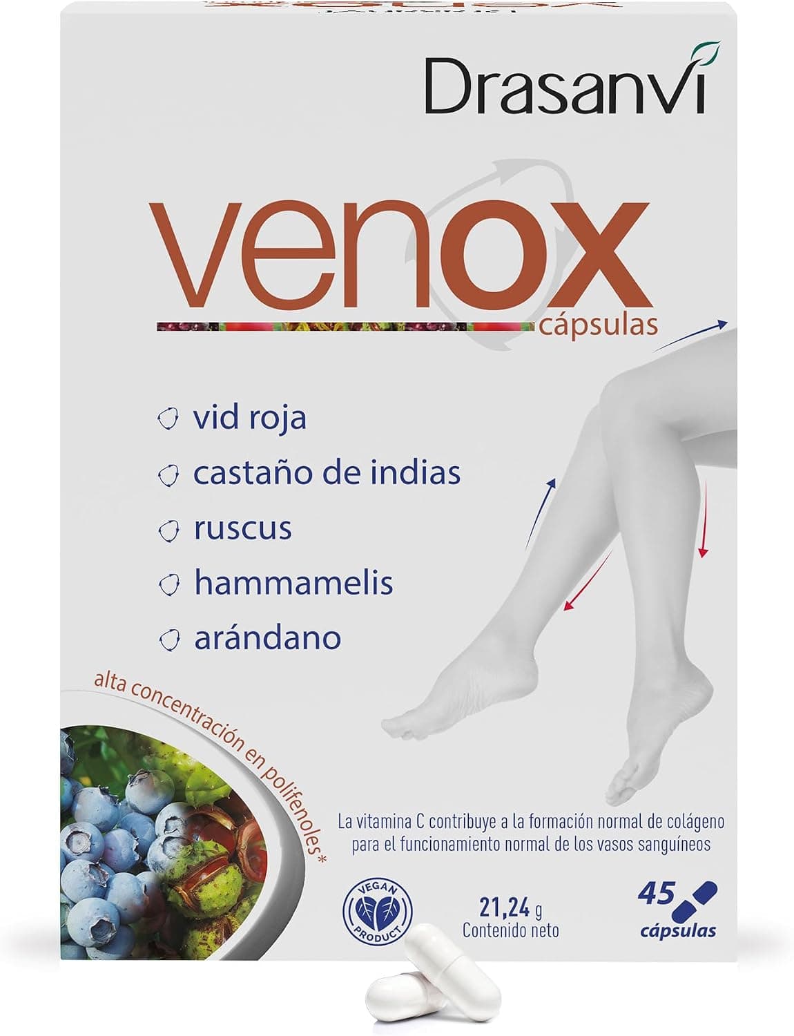 Drasanvi VENOX Ayuda a mejorar la Circulación, Hammamelis, Castaño de InDias y Ruscus, Alta Concentración de Polifenoles, Vid Roja, Arándanos y Grosellero Negro, Reforzado con Vitaminas ,45 cáps