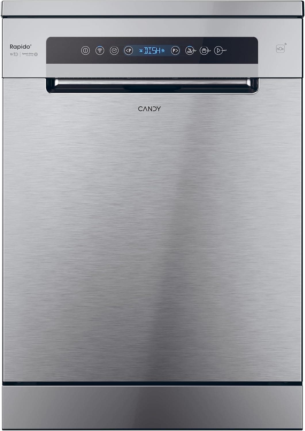 Candy Rápido CF 5C7F1X, Lavavajillas 60 cm, 15 Servicios, Digital, WIFI, 8 Programas, Motor Inverter, Inicio Diferido 1-23H, Indicador Sal y Abrillantador, Tercera Bandeja, 47DB, Inox