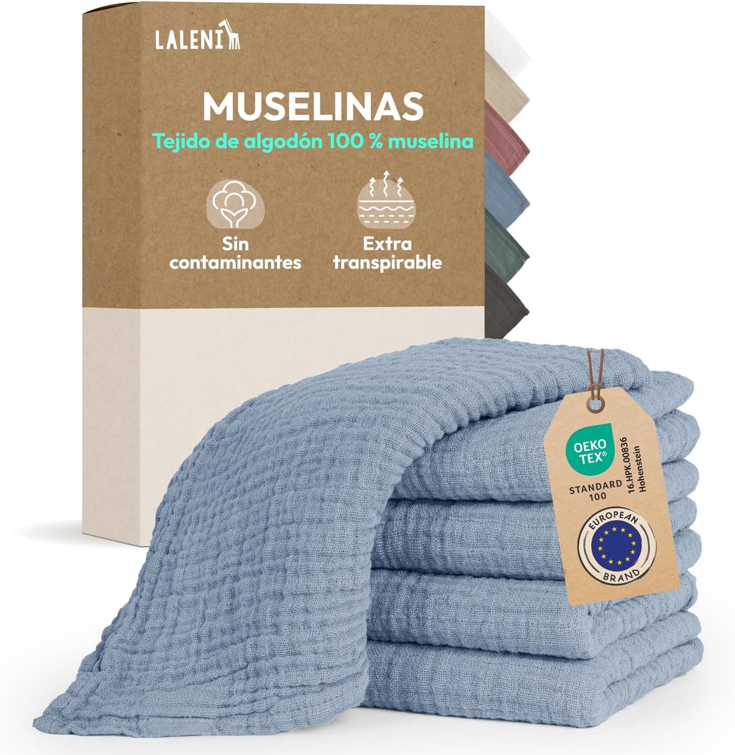 Laleni muselinas bebé algodón 70x70cm 5 uds - gasas para bebés para Piel Sensible - Ideal como Toalla bebé recién Nacido Supersuave y Absorbente - pañales de Muselina - Muselina algodón bebé en Azul