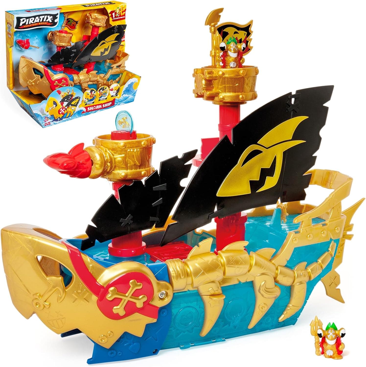 PIRATIX Shark Ship – Barco Tiburón de Piratix Que Atrapa a Sus Enemigos. con Catapulta, Lanzador, Tablón y Jaula. Contiene 1 Buque, 1 Figura Exclusiva, 1 Tesoro Exclusivo, 1 Bandera y 1 Proyectil