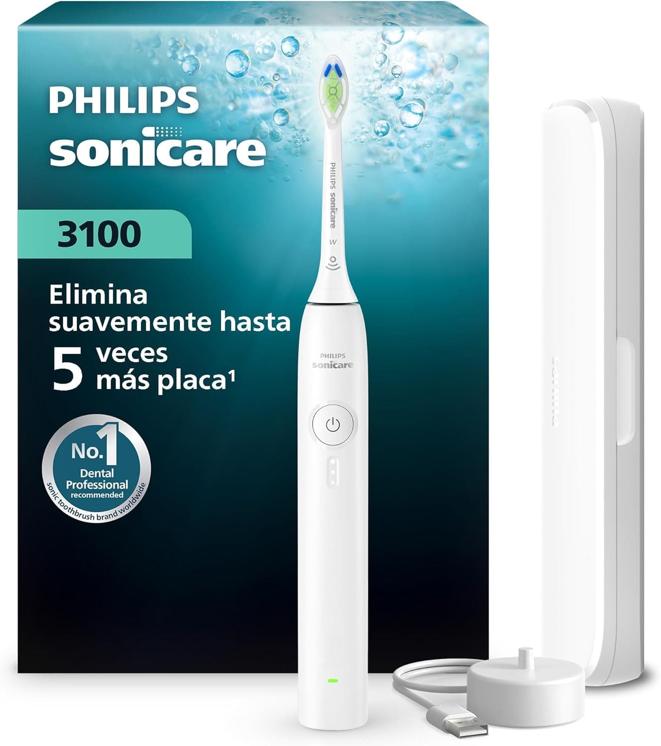 Philips Sonicare Serie 3100 - Cepillo dental sónico con sensor de presión, 3 niveles de intensidad, función EasyStart, SmarTimer, autonomía de 14 días, estuche, blanco, HX4033/21, [Nuevo]