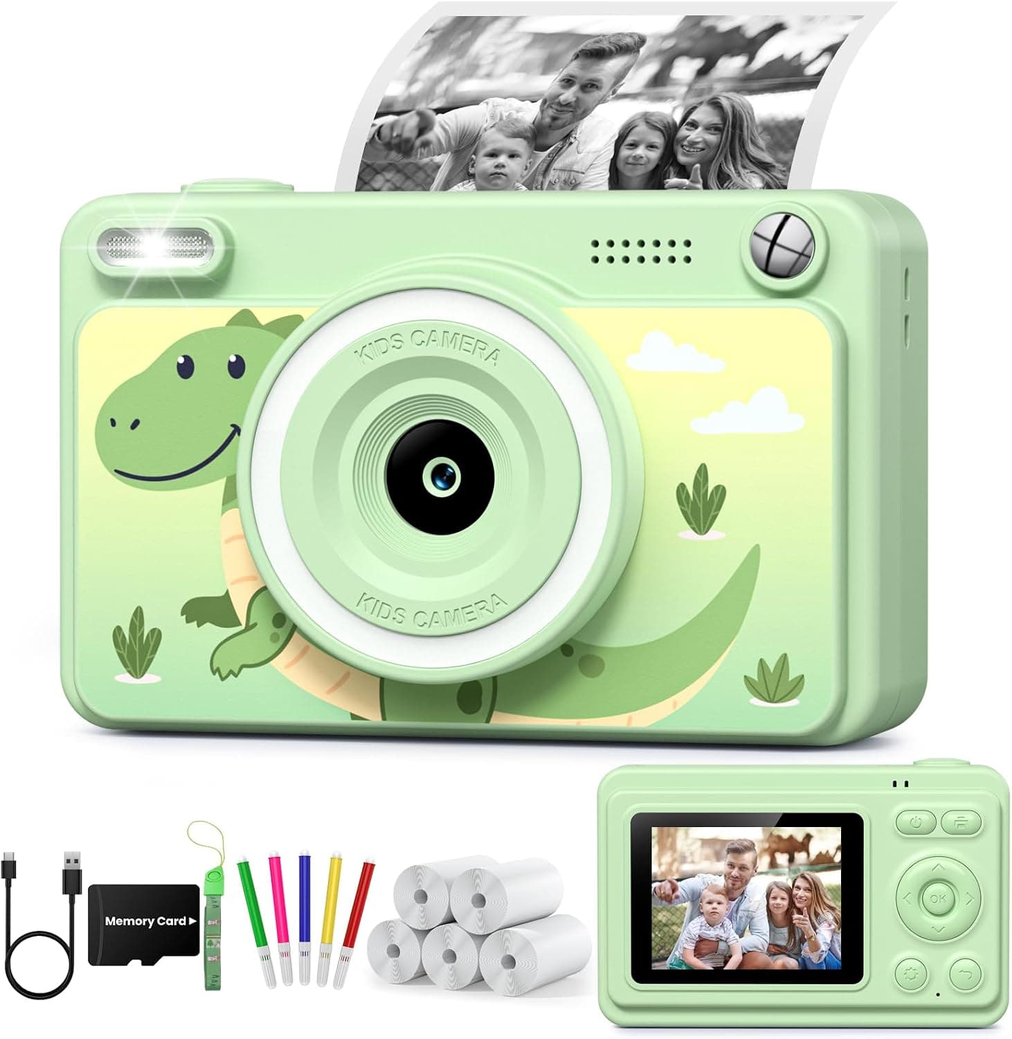 GREENKINDER Camara Fotos Infantil Instantanea,HD/1080P Cámara Instantánea para Niños con Tarjeta y 5 Rollos de Papel Térmico, Regalo de Cumpleaños y Navidad para Niños de 3 a 12