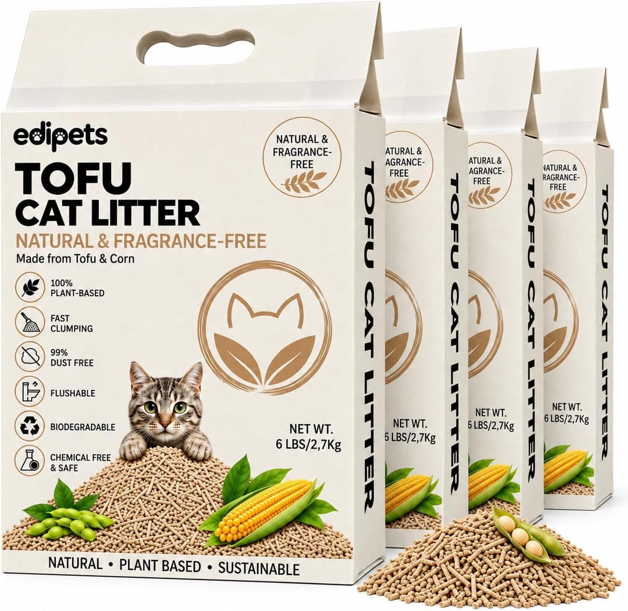 Edipets, Arena de Tofu para Gatos, 5,4kg (Pack de 2), Sin Perfume – Arena Aglomerante 100% Vegetal, Sin Bentonita ni Sílice, Desechable en el WC, Control de Olores Natural y pH Neutro, Textura Suave