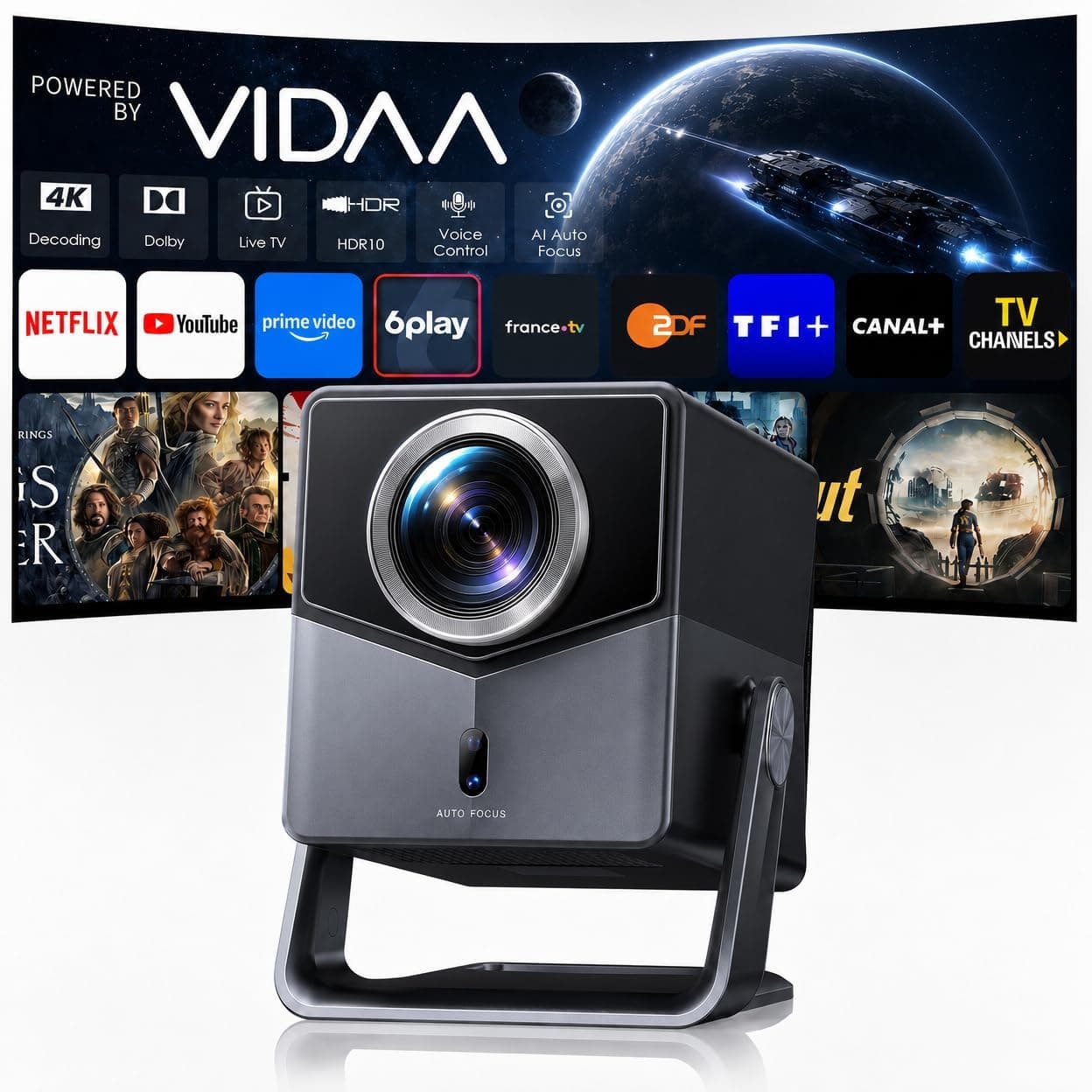 Proyector 4K【Netflix Integrado/1400 ANSI/Dolby 36W】 VIDAA OS: N.º 1 Ultra-Rápido,Auto Focus y Keystone,Control por Voz,HDR10, BT 5.4, Homekit,Rotación 200°, Proyectors exterior/Cine en Casa/Techo/HDMI
