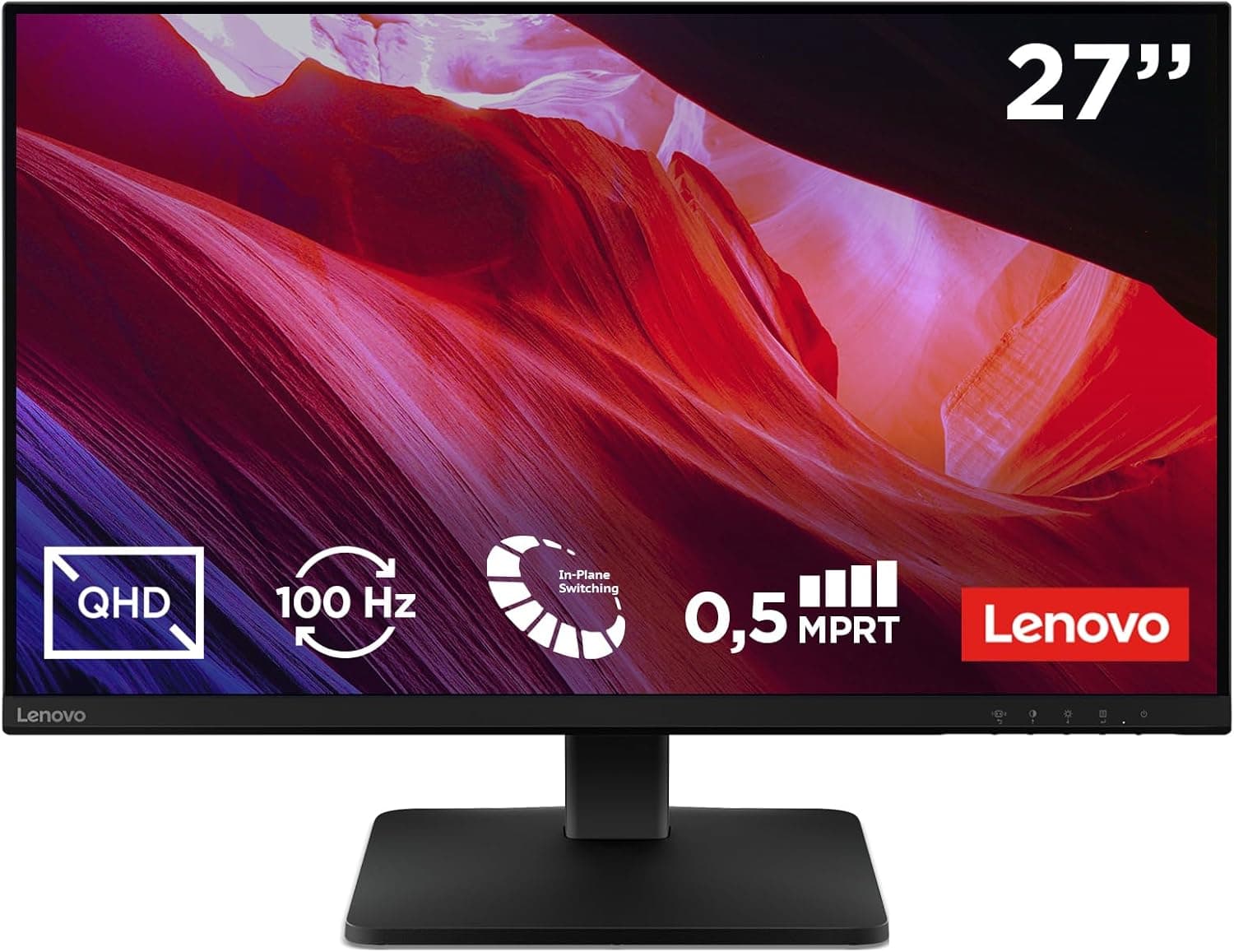 Lenovo L27qe - Monitor QHD 27" (IPS, Tasa de Refresco 100 Hz, Tiempo de Respuesta 4ms, 16:9, HDMI 2.1 - DP 1.4, VESA Adaptive Sync, Montaje VESA 100 mm, Soporte Inclinable) Negro