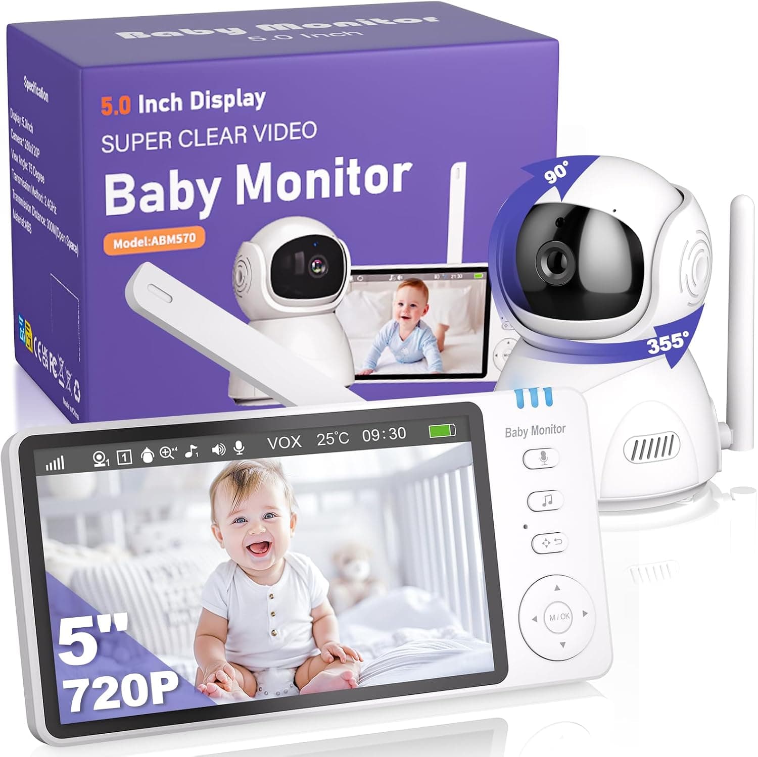 BURNNOVE Camara Vigilancia Bebe 5" HD, Sin WiFi, Batería hasta 30H