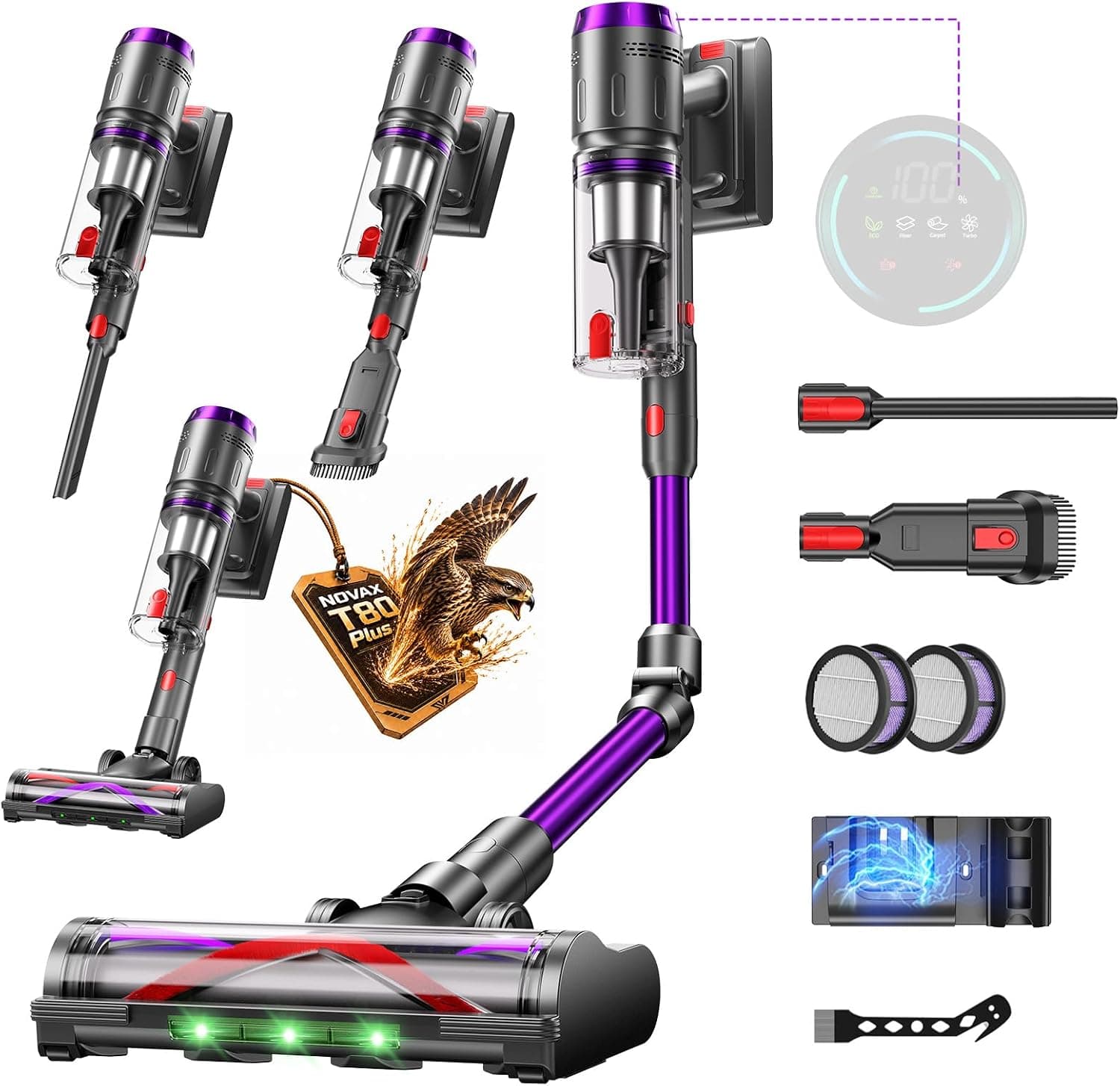 Aspiradora Sin Cable 58000Pa/600W/75Min, Escoba Aspiradora sin Cable de 1.6L, Pantalla Táctil LED Inteligente, Aspirador Inalámbrico Antienredo, Ideal para Suelos, Alfombras y Pelo de Mascotas