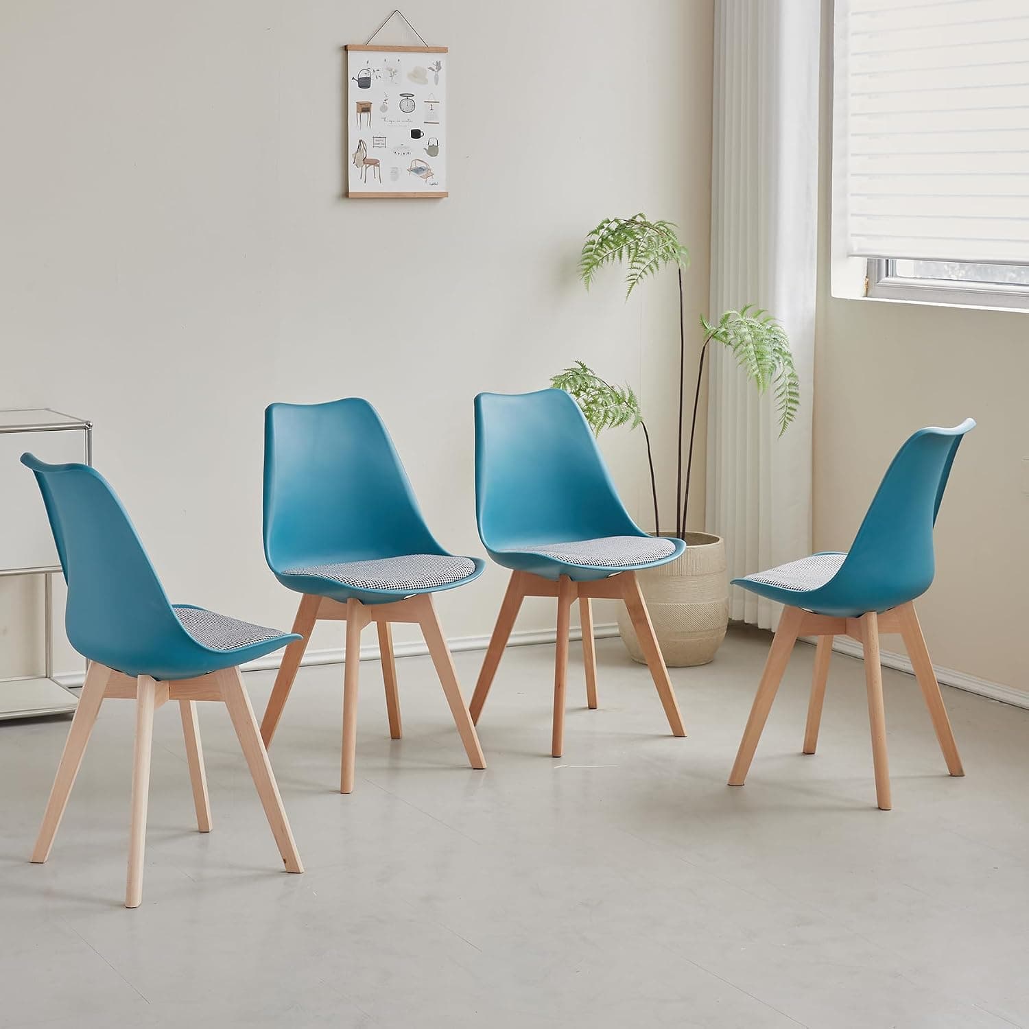 Juego de 4 sillas de comedor escandinavas modernas con cojín de tela, sillas auxiliares de lino con patas de haya, color turquesa