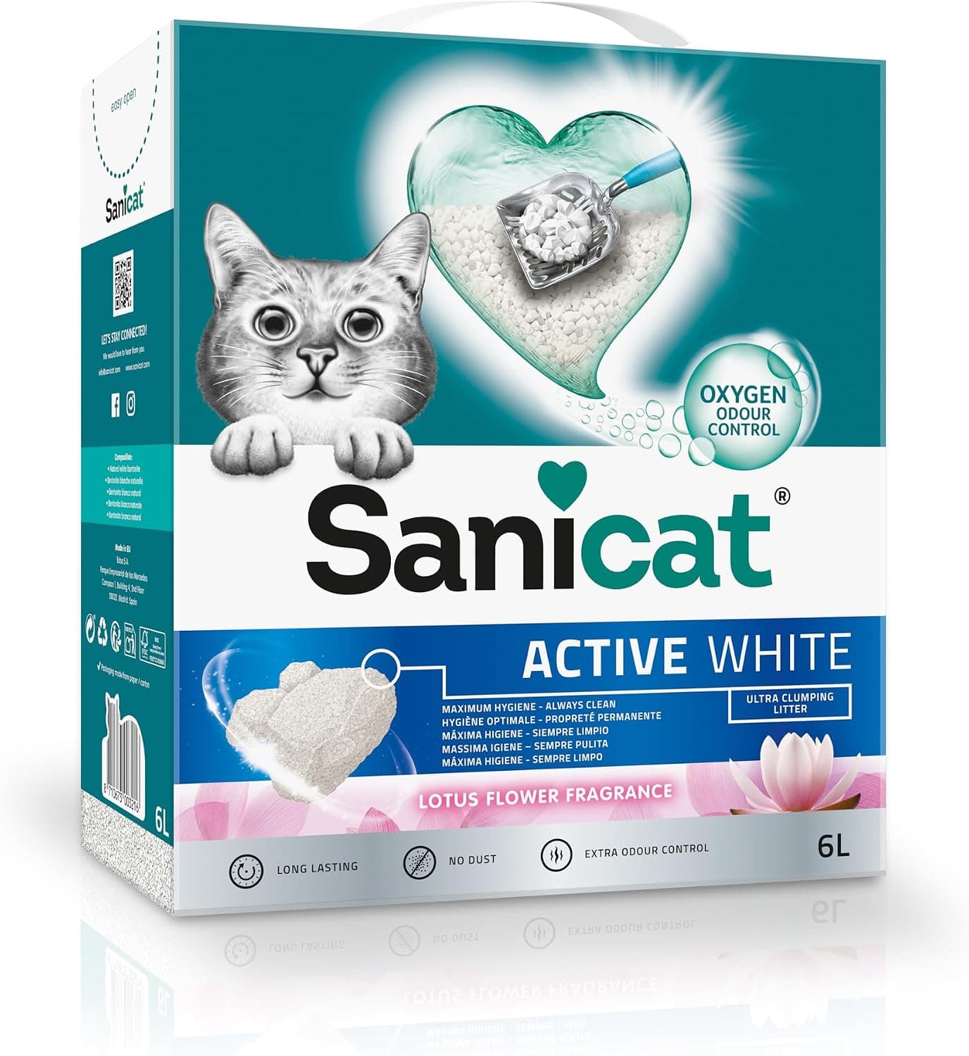 Sanicat - Arena Aglomerante Active White con Flor de Loto, Hecha de minerales naturales con control de olor garantizado, Absorbe la humedad y facilita la limpieza, 6 L de capacidad