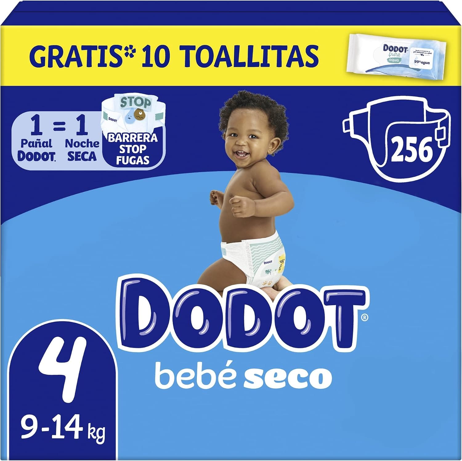 Dodot Pañales Bebé-Seco, Talla 4 (9-14 kg), 256 Pañales + 1 Pack de 10 Toallitas Regalo de Aqua Plastic Free, Una Noche Hasta Un 100% Libre De Fugas, Pack Mensual