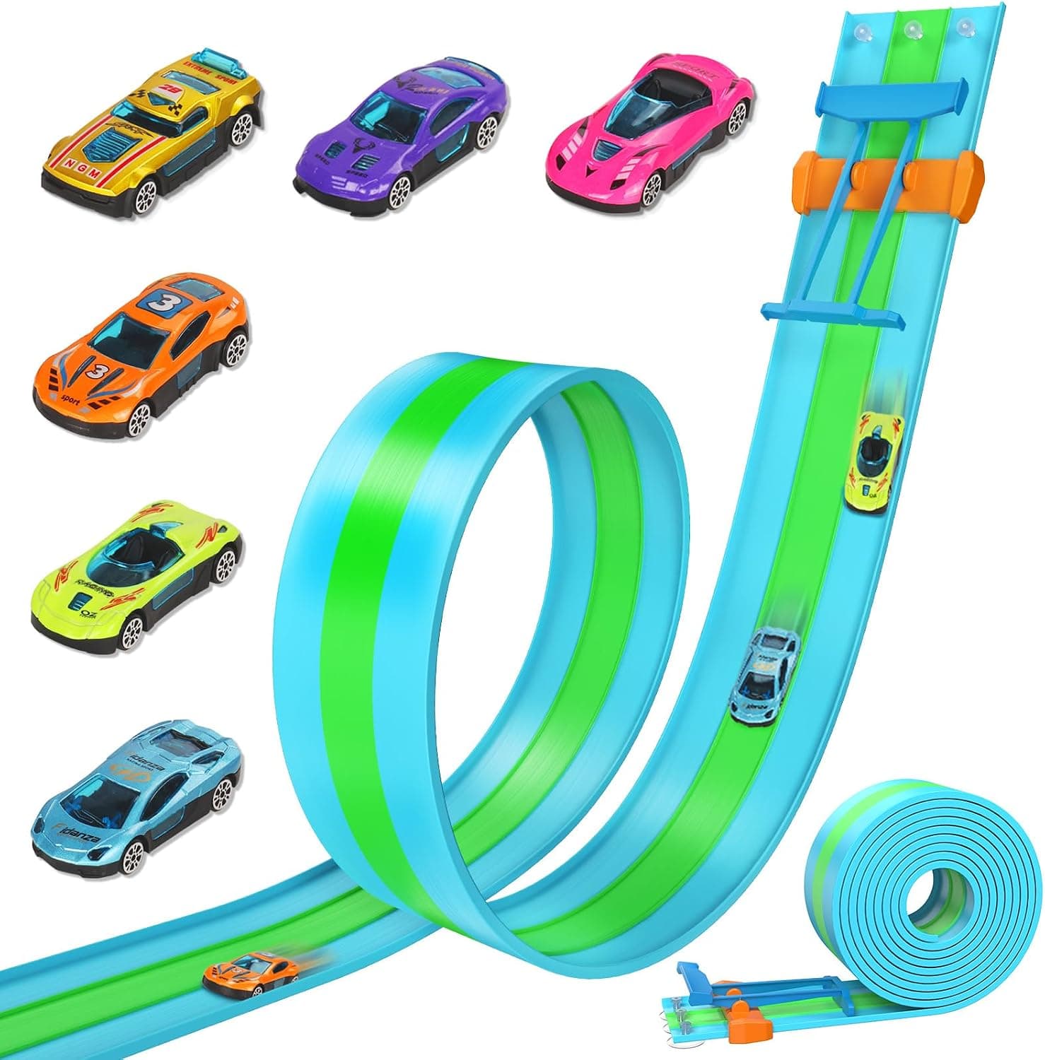 Pistas de carreras flexibles ACELIFE, pista de carreras de 4.5M con 6 coches incluidos. Pista de carreras portátil de tres pistas con rampas para coches 1/64. Juguetes de regalo para niños a partir de