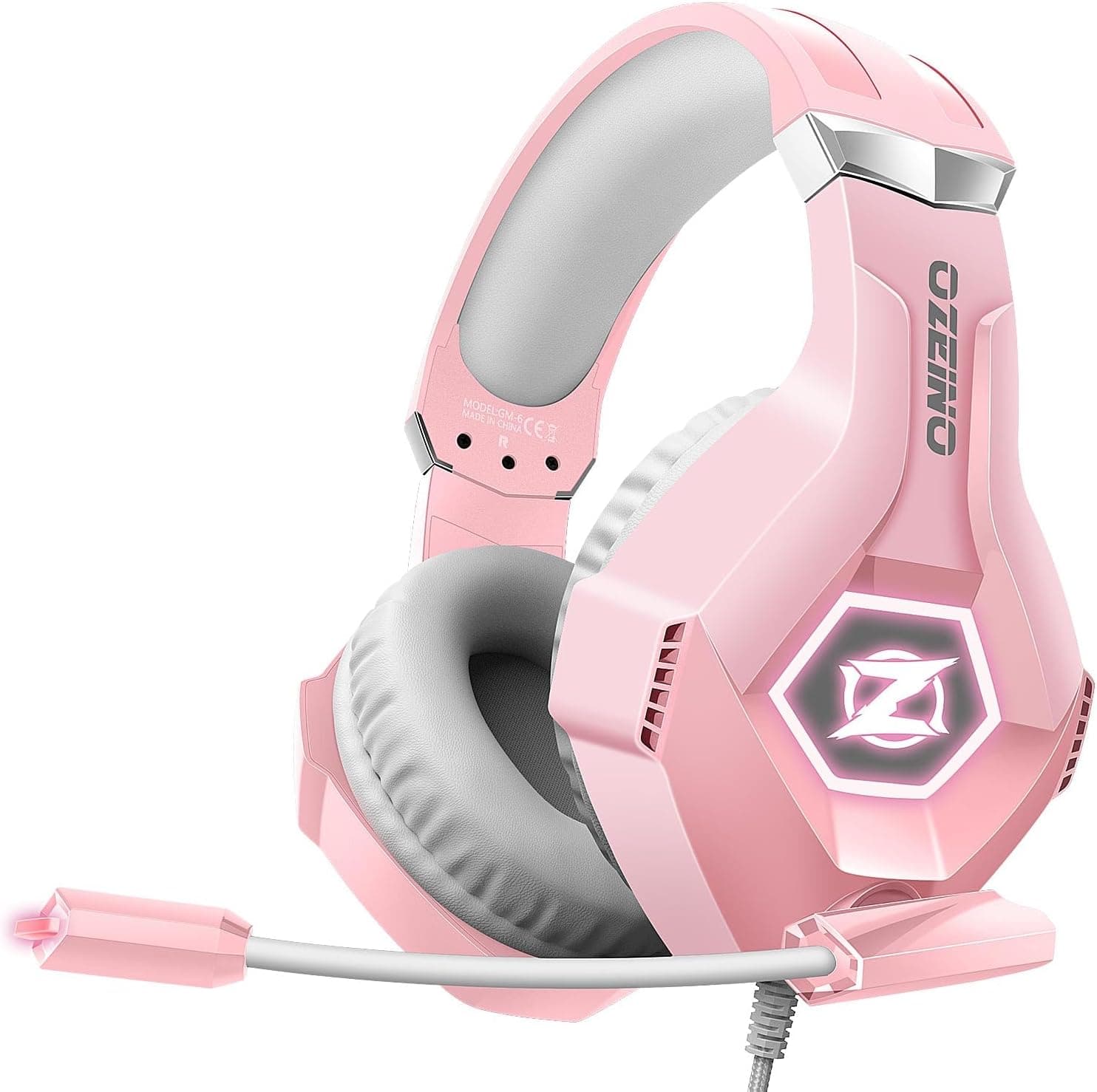 Ozeino Auriculares para Juegos con micrófono, Sonido Envolvente 3D, con cancelación de Ruido, Luces RGB, Color Rosa