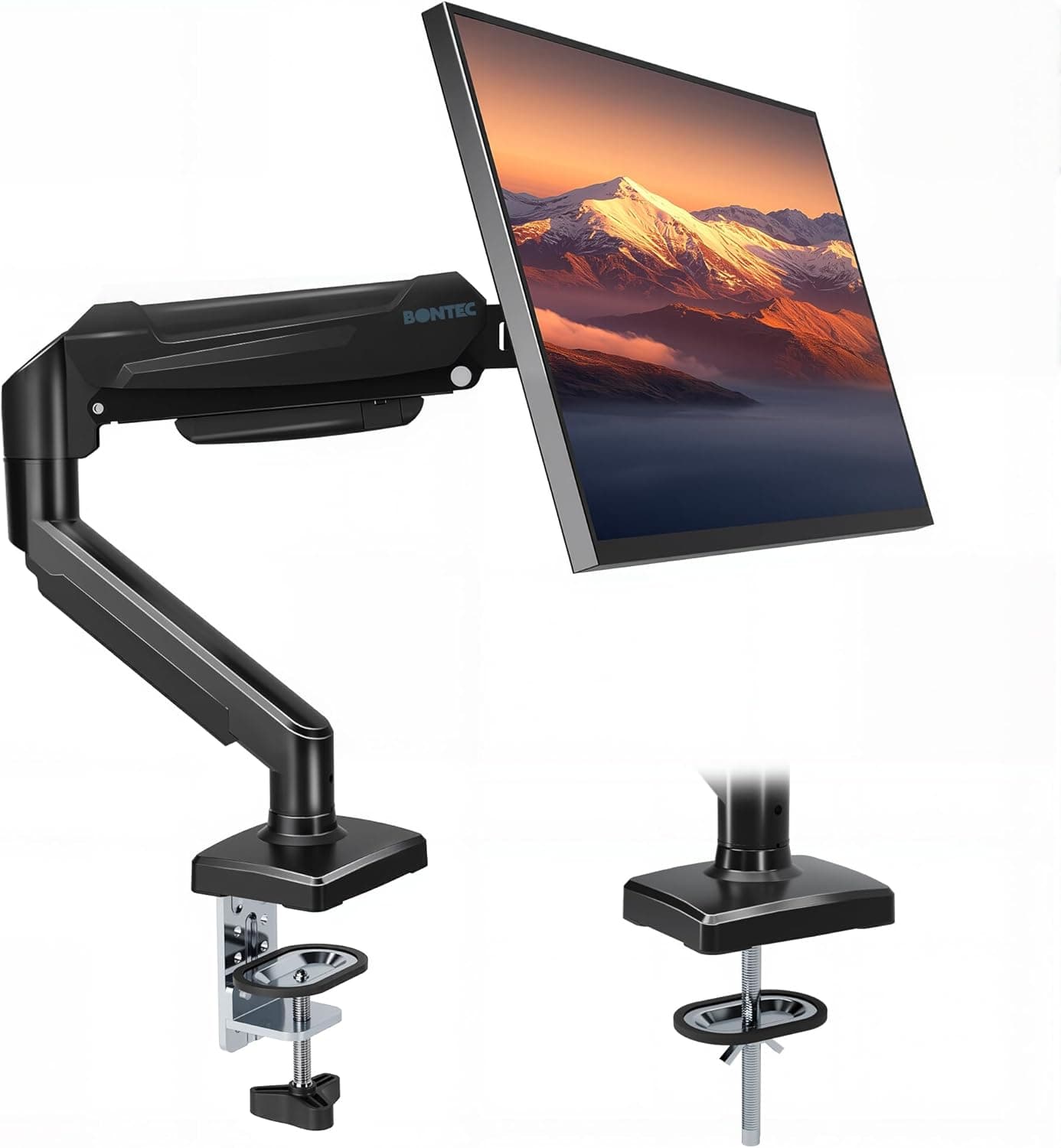 BONTEC Soporte para Monitor con Brazo de Gas articulado, Ajuste para Pantalla 15-32 Pulgadas, rotación 360°, inclinación ±90°, Giro ±90°, VESA 100x100, gestión de Cables, Montaje Abrazadera o pasante