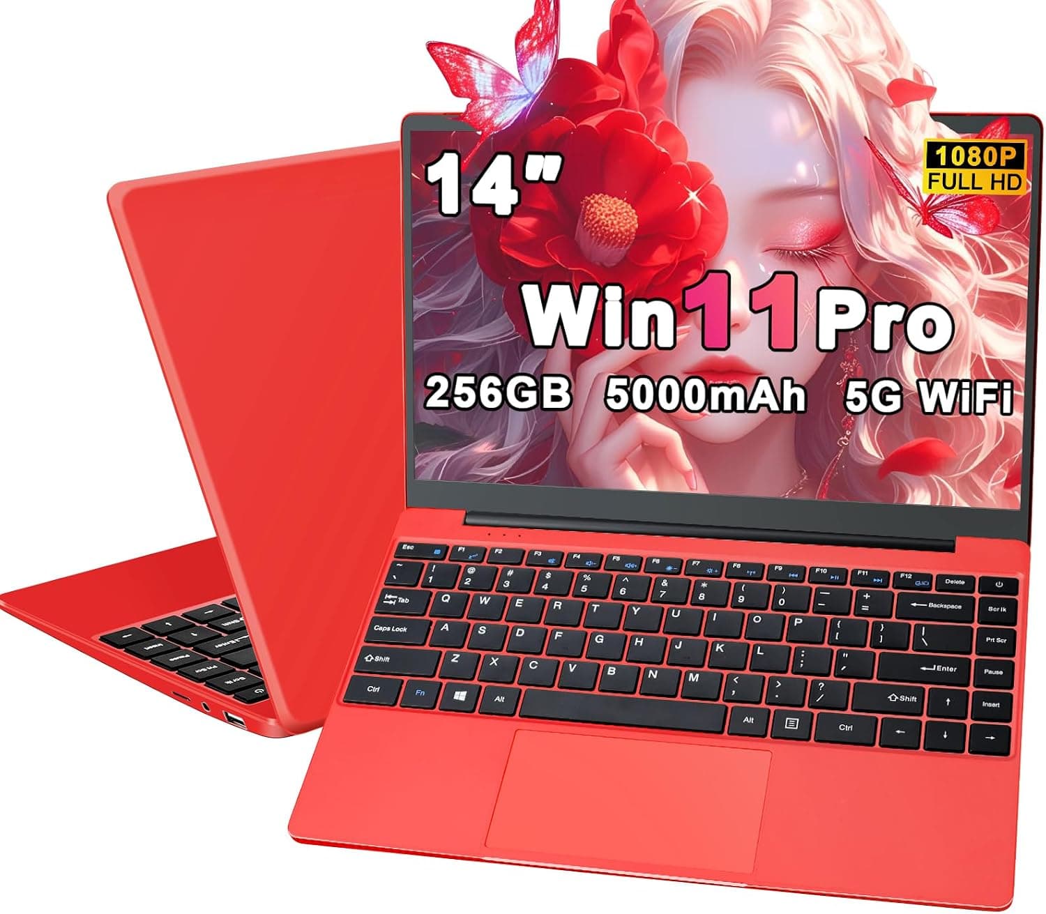 Ordenador Portatil Celeron N4020 Up to 2.8Ghz, Ordenadores Portatiles 14 Pulgadas Win 11 con 5G WiFi 6+256GB SSD Expansión 1TB, BT 4.2 1920*1080 FHD Mini Puerto Multimedia Portatiles Buenos-Rojo