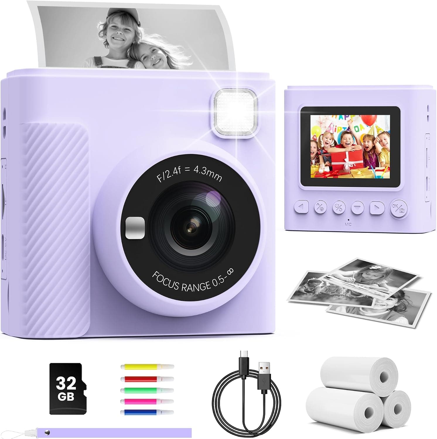 TIATUA Cámara Fotos Infantil Instantánea, 2,4" Selfie 1080P, Morado
