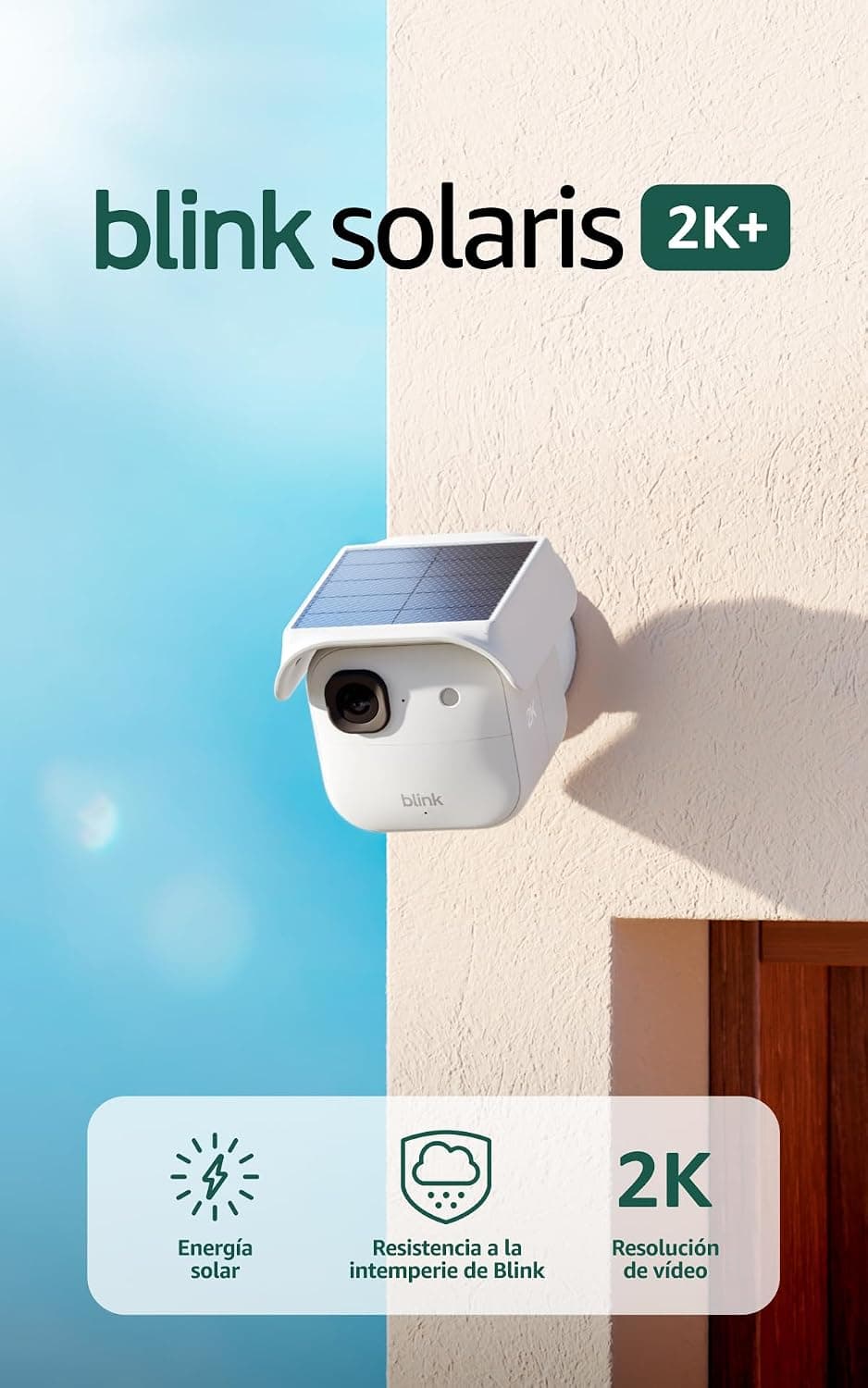 Blink Solaris 2K+ (últ. gen.), Cámara de seguridad inteligente inalámbrica, Alimentación por energía solar, Vídeo 2K, Módulo de sincronización, 1 Cámara (Blanco)