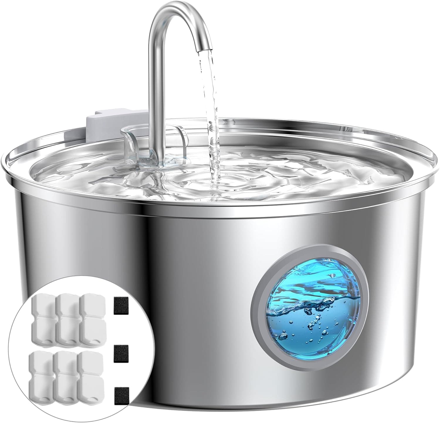 Fuente para Gatos Acero Inoxidable: Bebedero Gatos Automatico - 3.2L Fuente Gato - Fuentes de Agua para Gato Silencioso - Dispensador Mascota - Dispensador Agua Perros - con 6 Filtros + 3 Esponjas