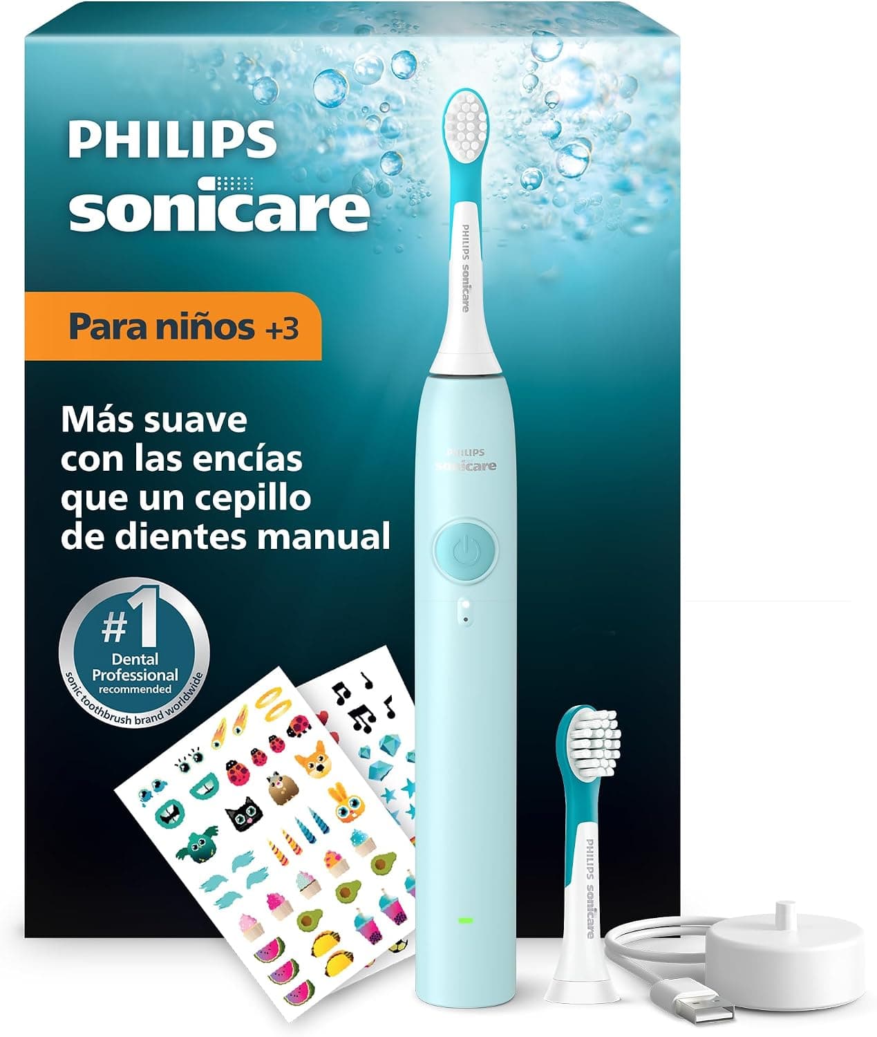 Philips Sonicare for Kids Cepillo eléctrico para niños - Cepillo de dientes sónico para niños a partir de 3 años, 2 modos suaves, temporizador de 2 minutos, 2 cabezales mini, verde azulado, HX6500/23
