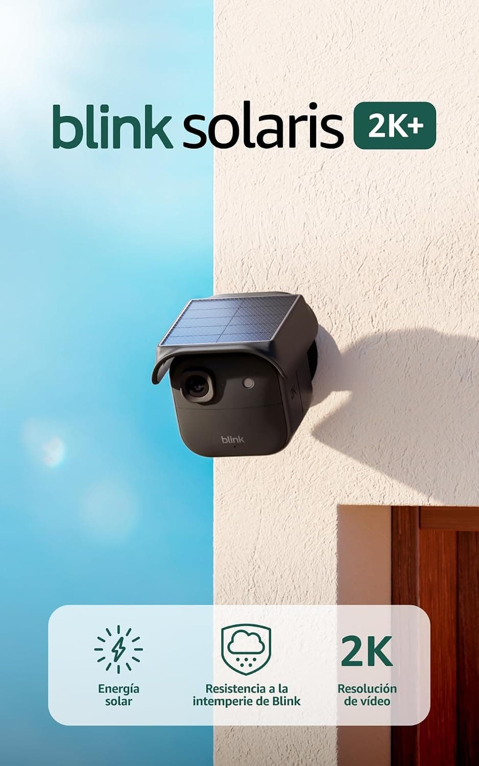 Blink Solaris 2K+ (últ. gen.), Cámara de seguridad inteligente inalámbrica, Alimentación por energía solar, Vídeo 2K, Módulo de sincronización, 1 Cámara (Negro)