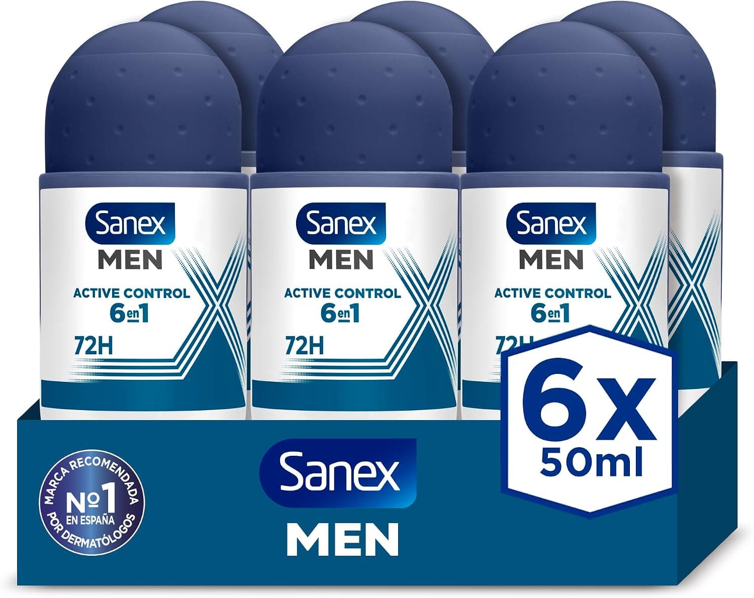 Sanex Men Active Control Desodorante Roll-On para Hombre, Pack 6 Uds x 50 ml, Protección 48H, Antitranspirante, Anti Irritación, 0% Alcohol, Combate el Mal Olor, Larga Duración