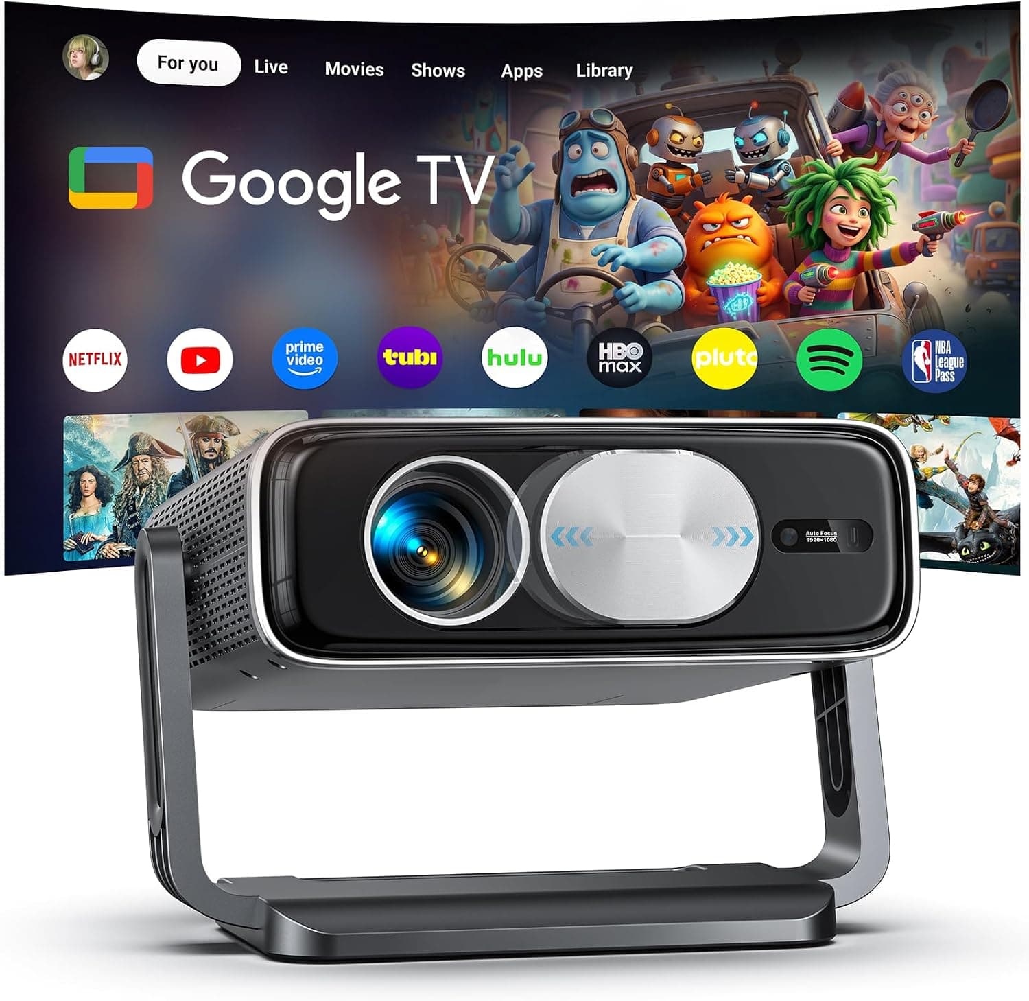 Proyector 4K【Google TV】, 3000 ANSI Brillo Proyector Portatil Full HD 1080P, Projector Autofoco | WiFi 6 & Bluetooth | Soporte 360° para Cine en Casa/Exterior