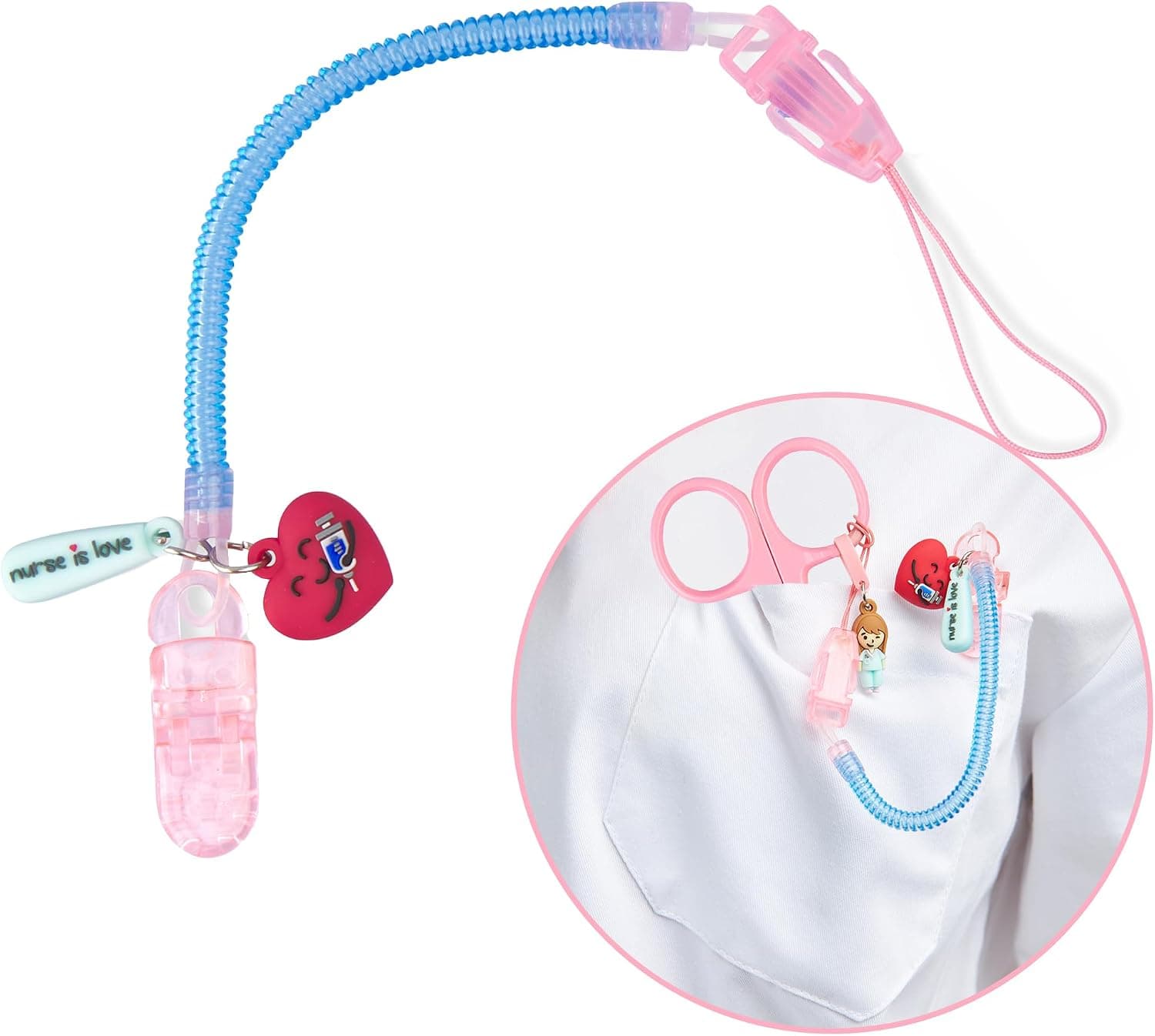 Nurse is Love Porta Tijeras Enfermeria, Muelles de Silicona y Clip Sujetador Facil Acceso a Tijeras | Cadena Tijeras Identificativas Seguras para no Olvidar Tijeras| Regalos para enfermeras |
