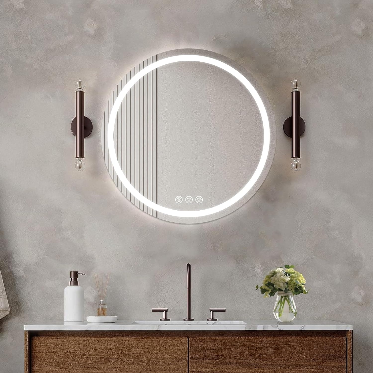 Ratsamee Espejo Baño con Luz Redondo 50cm, Espejos de Baño con LED con Antivaho, Regulable, 3 Colores Luz, Función Memoria