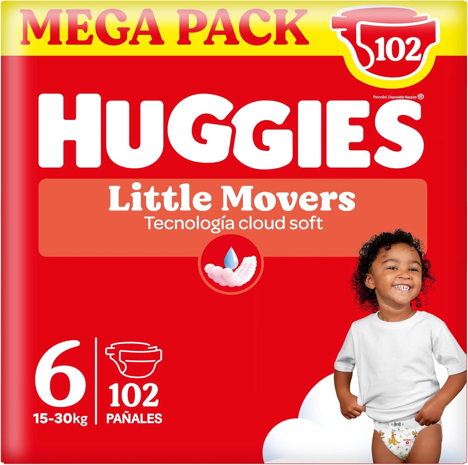 Huggies Little Movers Pañales para Bebé con Diseños Disney Talla 6 (15-30 kg), Comodidad para la Piel 24/7, 3 Packs de 34, Total 102 Pañales