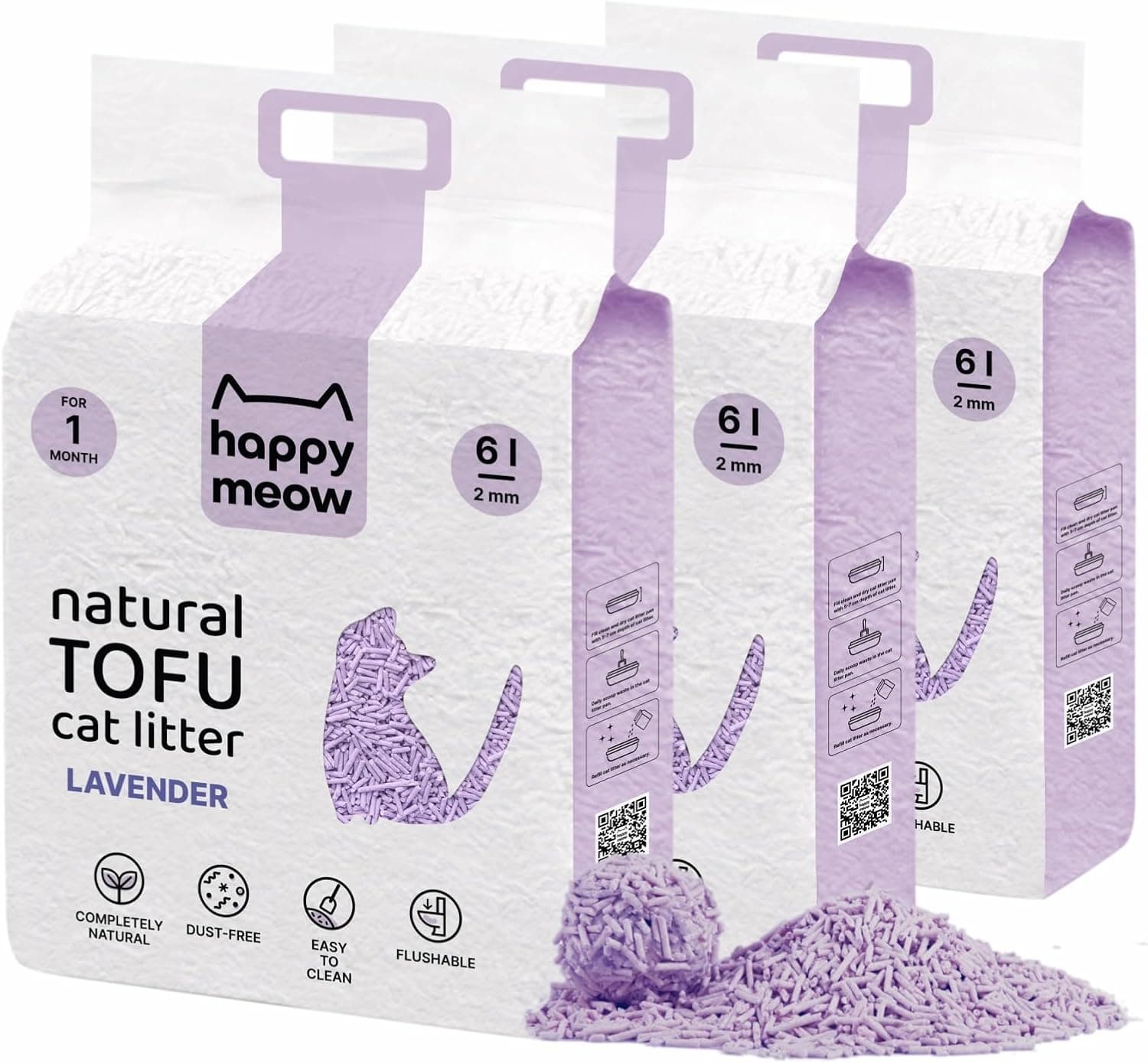 Arena de Tofu para Gatos (18L/7,5Kg) - Natural y Biodegradable - Aglomerante Instantáneo, Bajo en Polvo, Control de Olores Duradero, Ultra Absorbente, Desechable en el Inodoro (Lavanda)