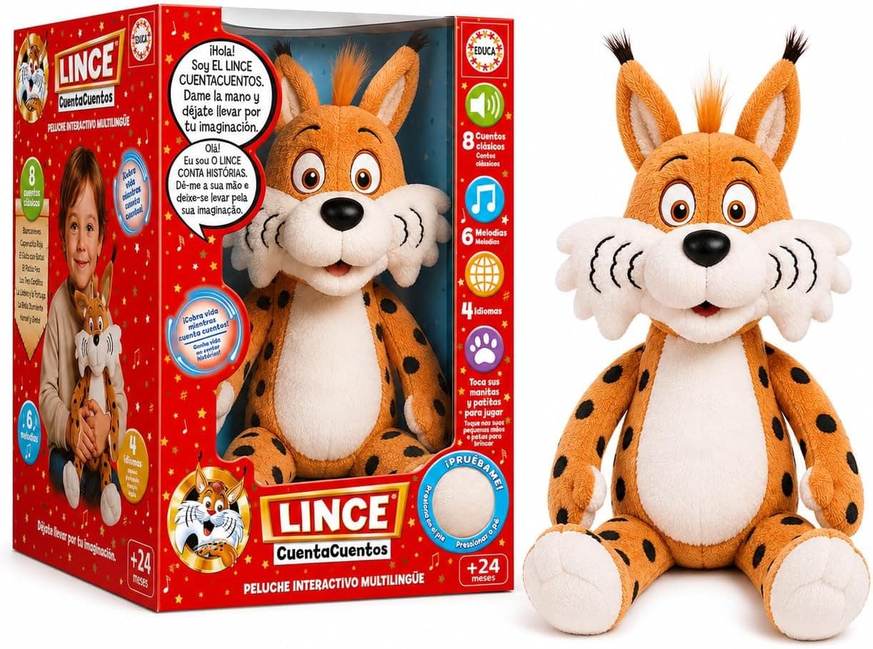 Educa - Lince Cuentacuentos | Peluche Interactivo Educativo con Audiocuentos y música Infantil | Regalo niños 2 años (20360)
