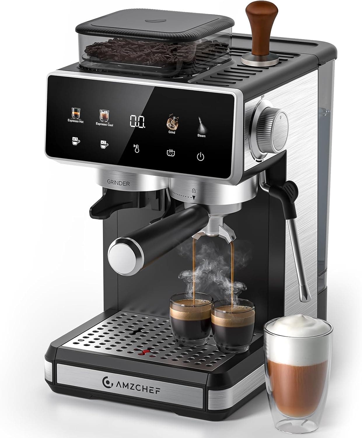 AMZCHEF Cafetera express con molinillo, cafetera espresso 20 bar para casa con vaporizador de leche, 3 niveles de temperatura, 20 ajustes de molienda, función de café frío y caliente, pantalla táctil