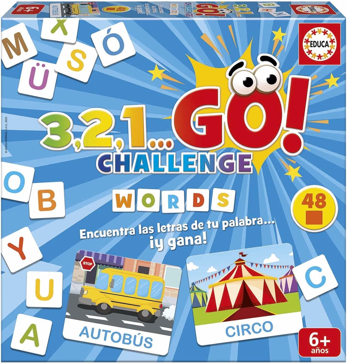 Educa - 3,2,1, GO Challenge Words, ¡Encuentra Las Letras de tu Palabra Antes Que Nadie con 48 Palabras y 150 Letras mayúsculas, De 2 a 5 Jugadores, A Partir de 6 años (19391)