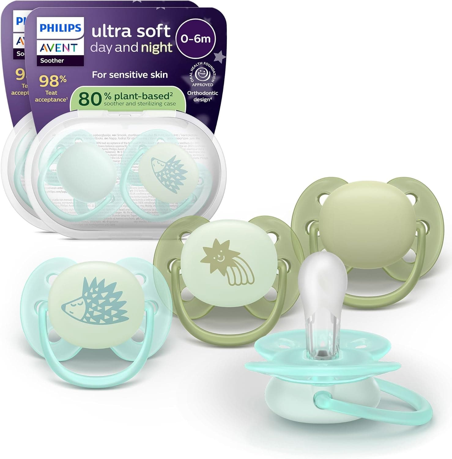 Philips Avent Chupetes Ultra Soft Day & Night - Diseño ortodóntico, para bebés de 0-6 meses, brillan en la oscuridad, tetina simétrica de silicona, sin BPA, estuche esterilizador, pack de 4, SCF094/09