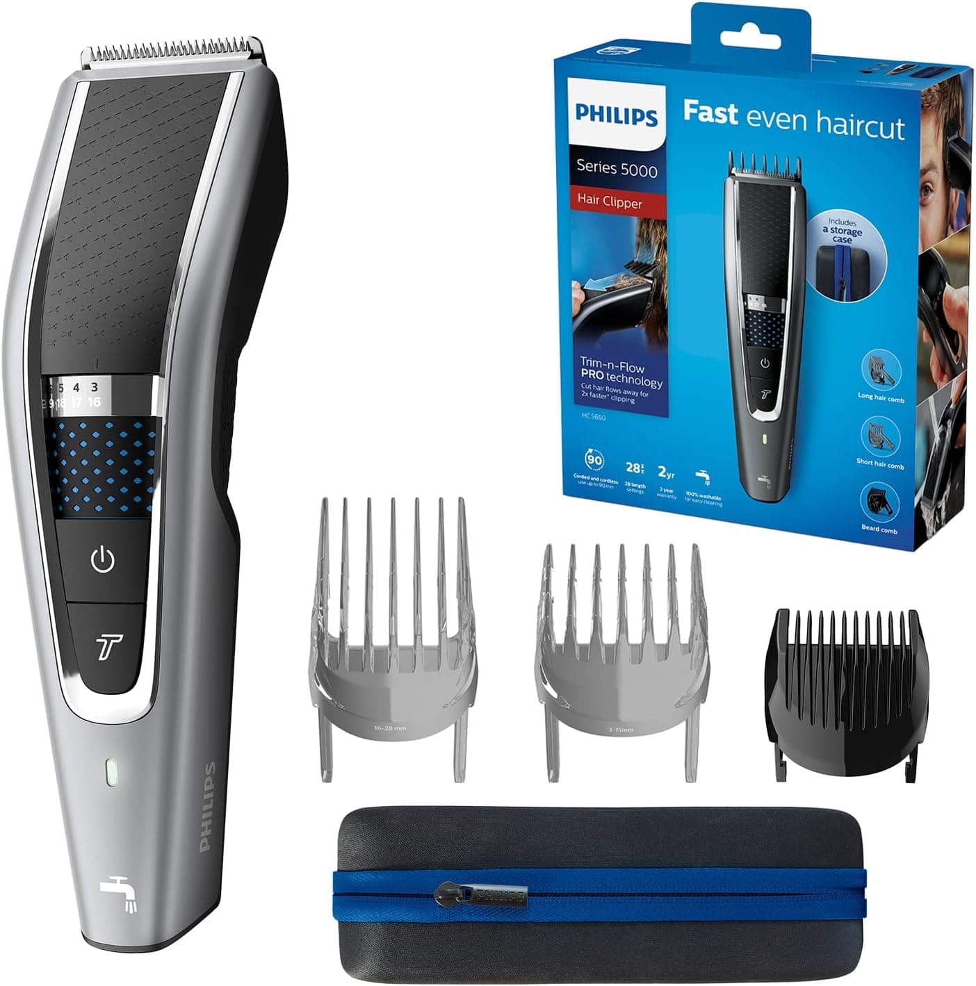 Philips Serie 5000 HC5650/15 - Cortapelos con cuchillas acero inoxidable, 28 ajustes de longitud, 90 min de uso sin cable, incluye 3 peines-guía y funda de viaje