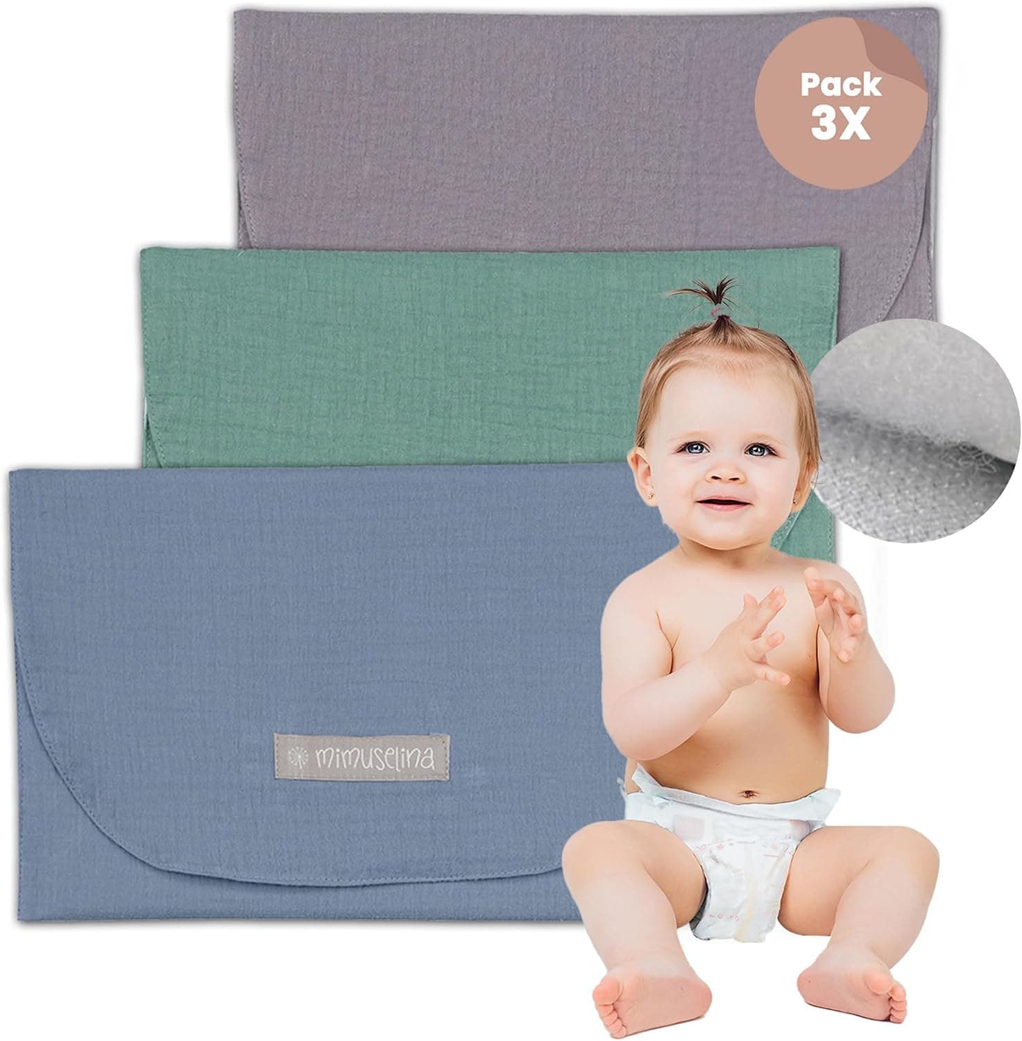 MIMUSELINA - 3X Bolsa Impermeable para Muda Bebé | Organizador de Ropa y Toallitas | Ideal para Pañales (Azul/Gris/Menta)