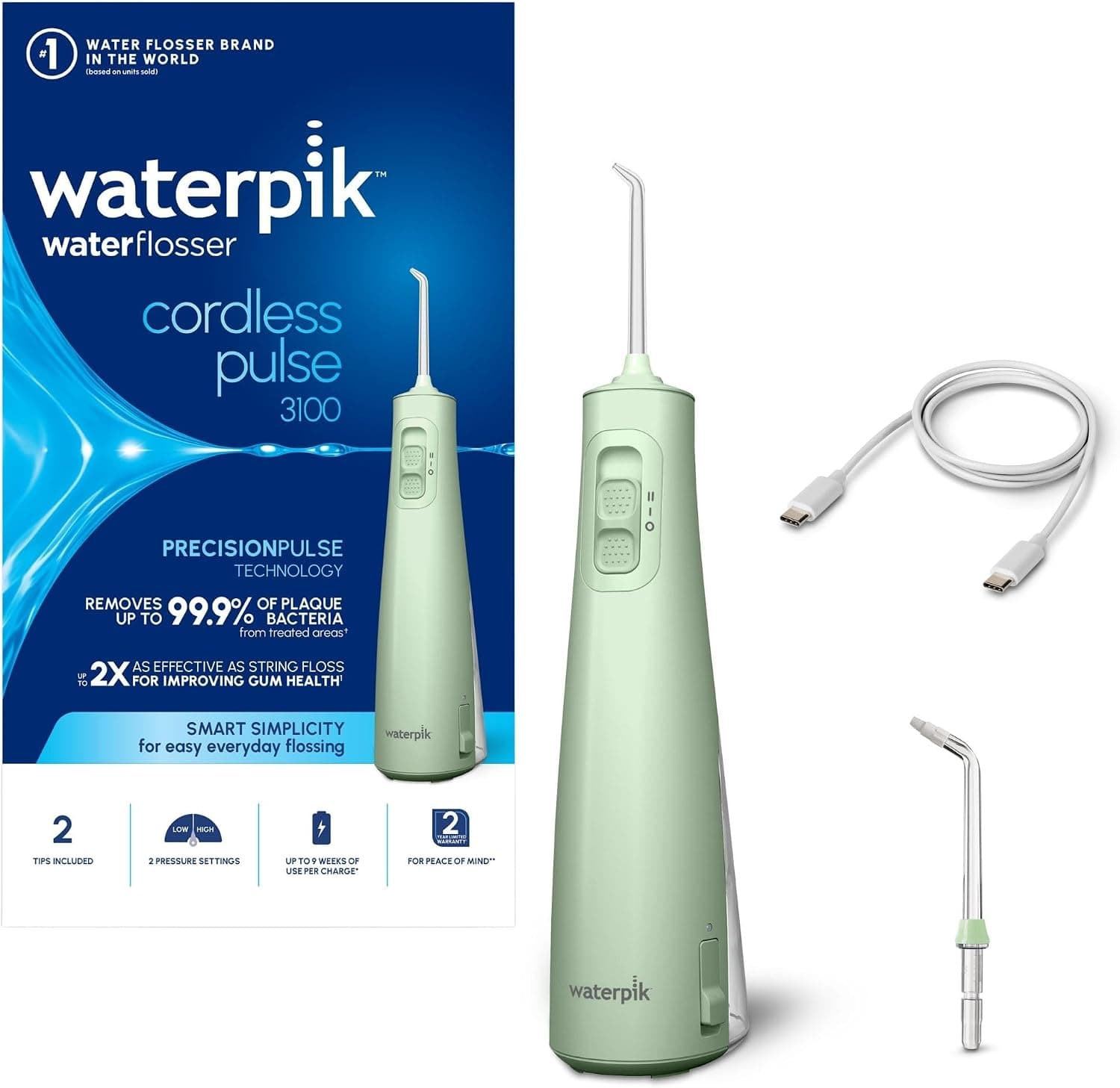 Waterpik Cordless Pulse, Irrigador Dental Eléctrico Portátil, Verde Menta | Portátil y recargable, Eliminación de placa, Para viajar y baños pequeños