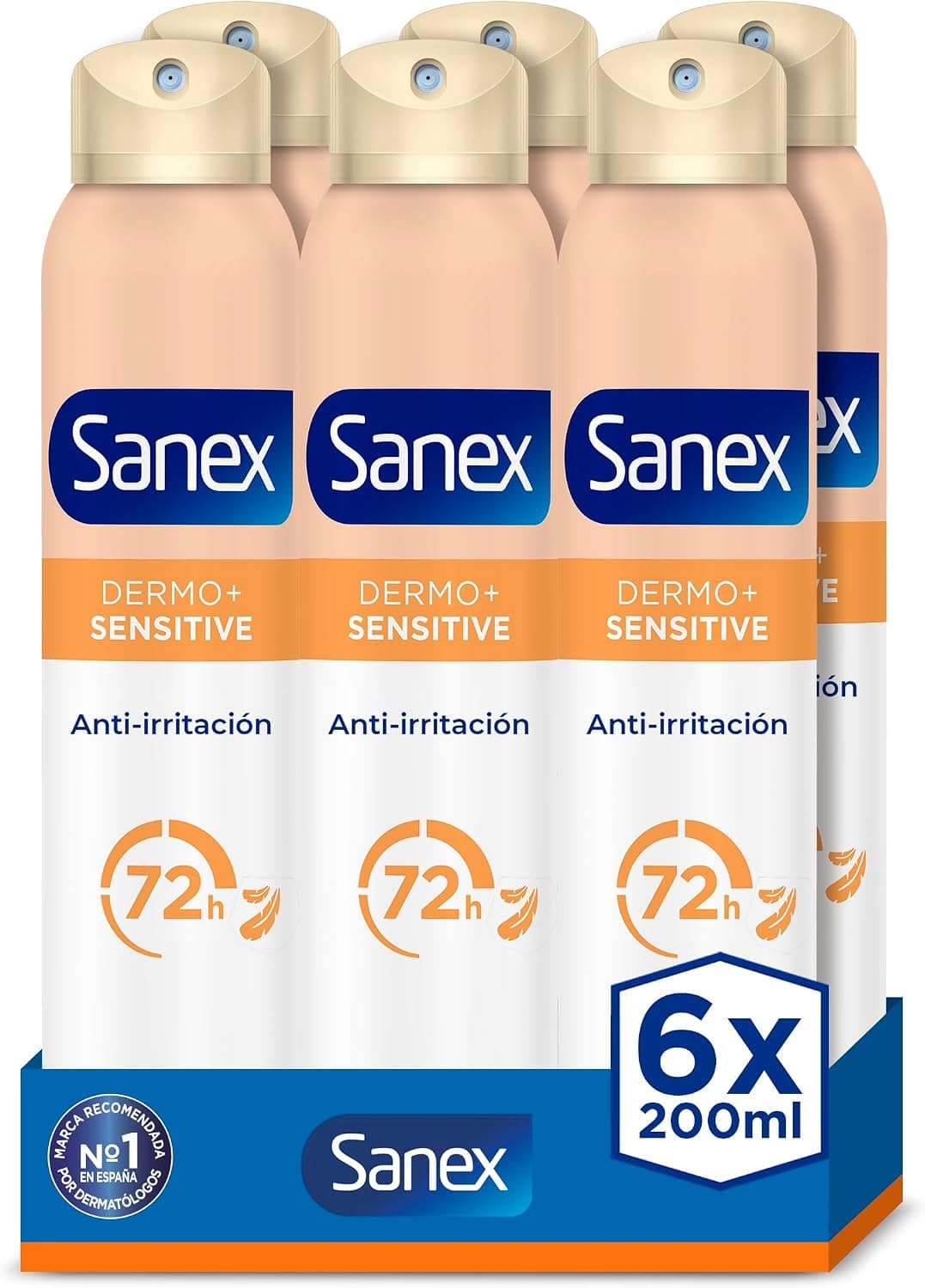 Sanex Dermo+ Sensitive, Desodorante Antitranspirante Spray 72h, 6x200ml