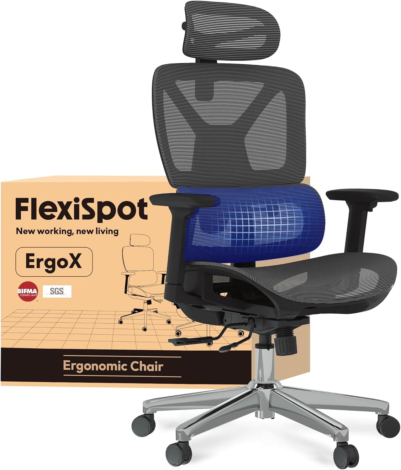 FLEXISPOT ErgoX Silla Ergonomica Escritorio, Silla Escritorio con Soporte Lumbar, Respaldo 5D Ajustable, Inclinación 135°, Cojín Transpirable, Reposabrazos 3D, Ideal Oficina, Gris