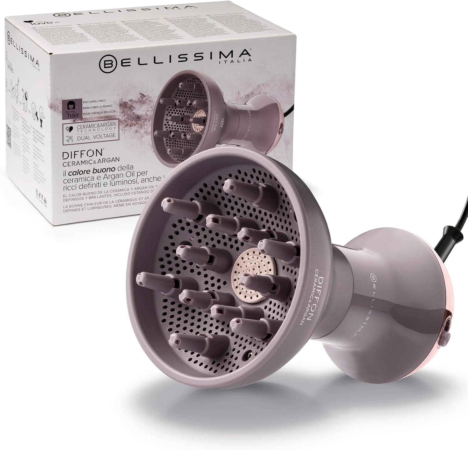 Bellissima Imetec Diffon Ceramic & Argan: Difusor para Cabello Rizado con Aceite de Argán para Rizos Definidos, Brillantes e Hidratados – Acción Anti-Frizz, Secado Suave, Doble Voltaje