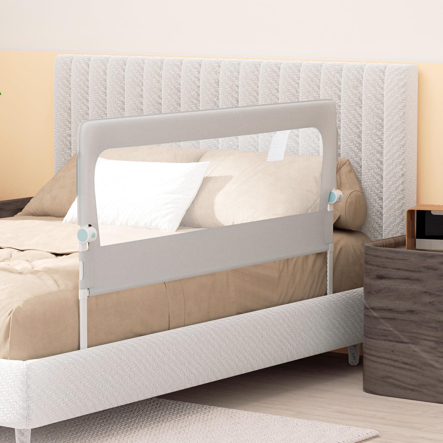 Fiqops 150 cm de rejilla protectora para cama, plegable, con protección contra caídas para camas de niños, riel de cama ajustable en altura de 72-86 cm con correas para camas con somier y camas