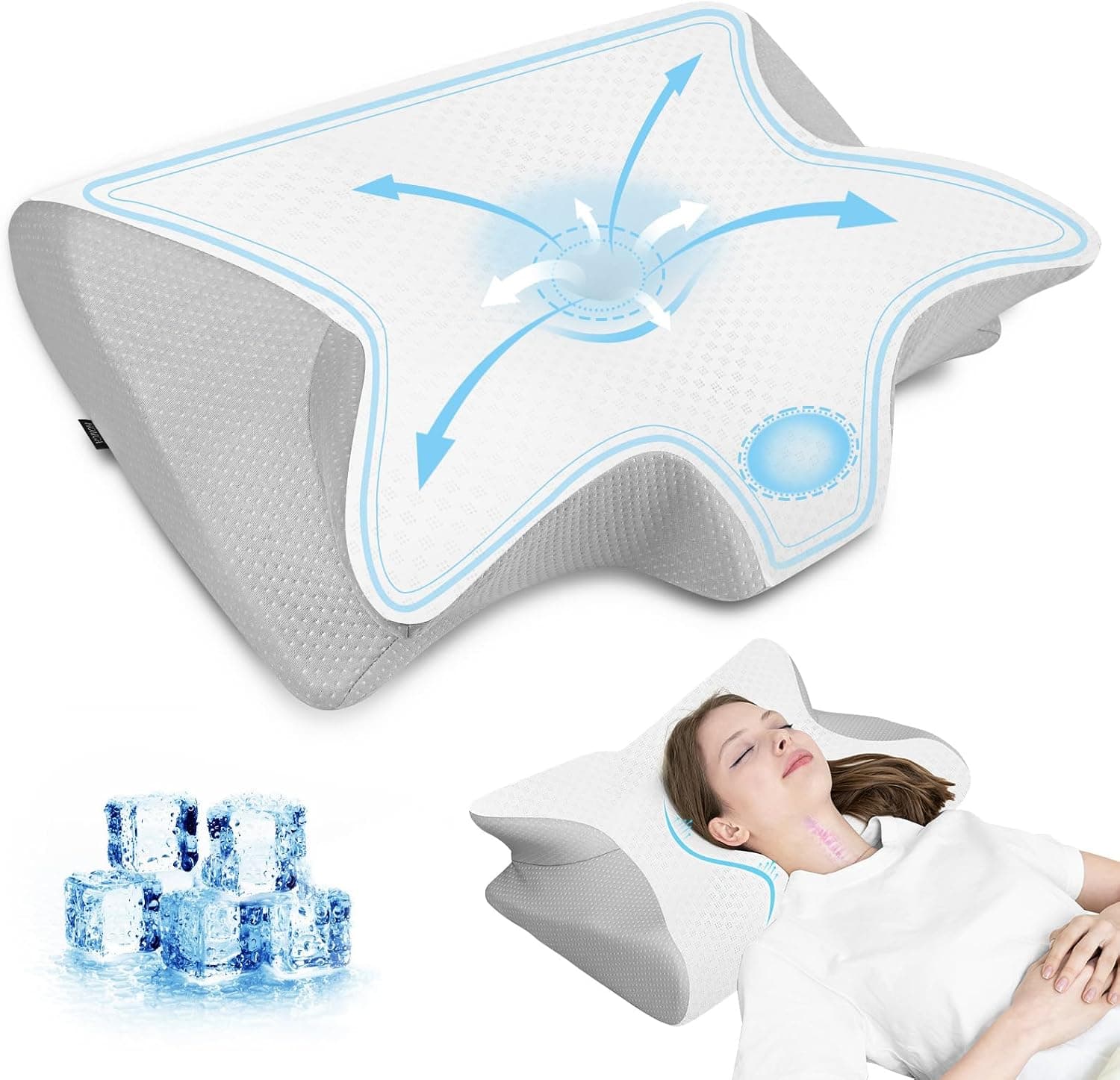 HOMCA Almohada Cervical 2 en 1 Espuma de Memoria, Blanco+Gris 60x40x12/14cm